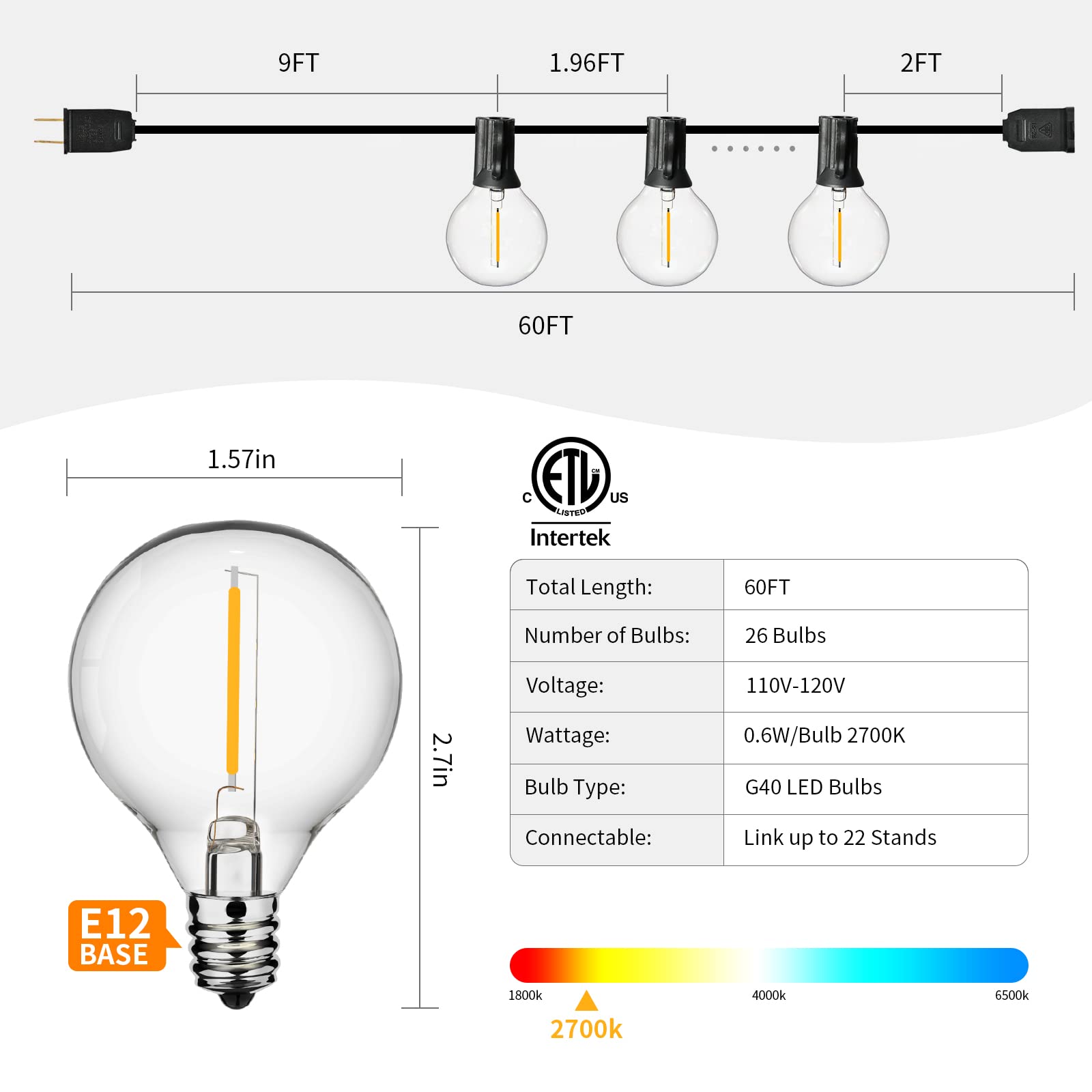 Vocevos 60FT LED Outdoor String Lights - Shatterproof, Dimmable G40 Bulbs, Waterproof Heavy-Duty Commercial Strand for Patio, Bistro, Café, Party, Wedding, Porch & Backyard Decor | Perfect for Outdoor Dining, Garden Lighting & Evening Entertainment
