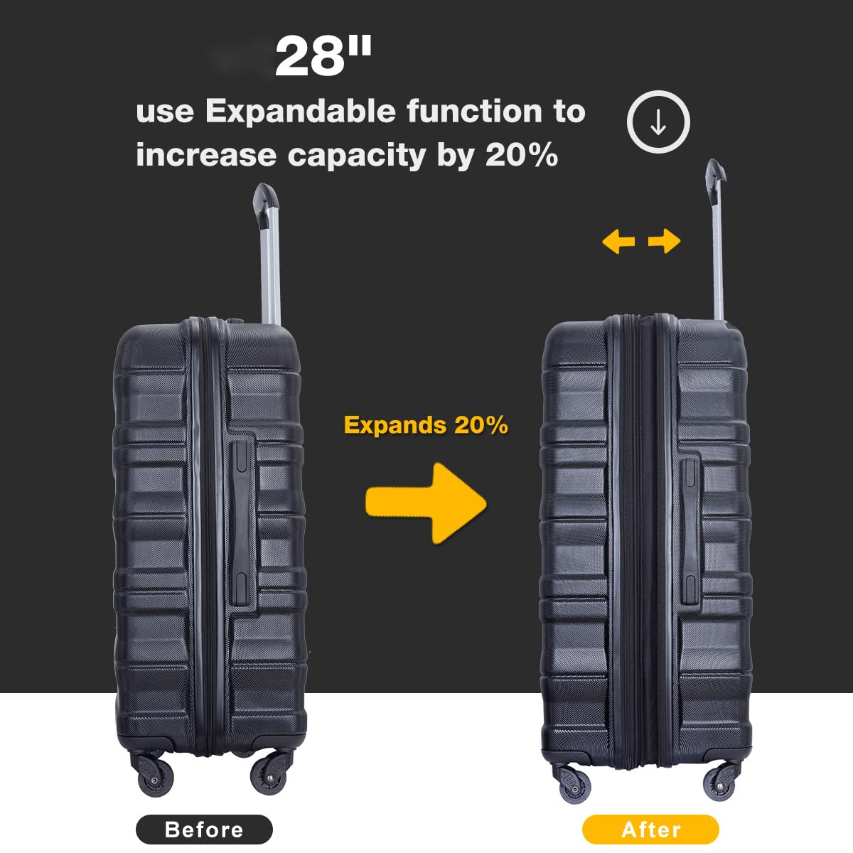 Travelhouse 3-Piece Hardshell Luggage Set with Spinner Wheels & TSA Lock (20in, 24in, 28in) - Expandable Suitcases for Women in Black - Perfect for International Travel, Business Trips & Family Vacations