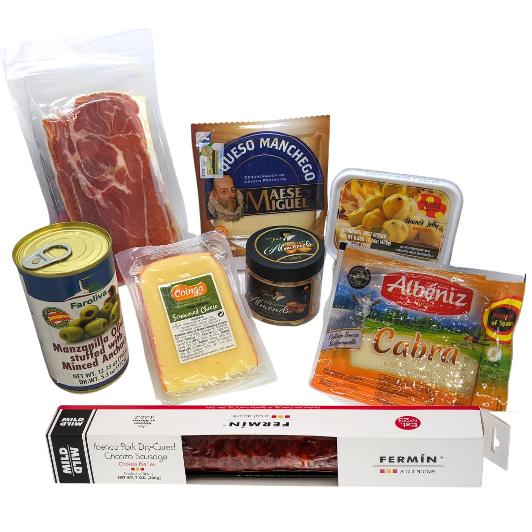 Authentic Spanish Gourmet Gift Box - Iberico Chorizo, Serrano Ham, Manchego Cheese, Spanish Olives, Quince Paste & Almonds | Perfect for Holiday Gifts, Corporate Gifts & Spanish Food Lovers
