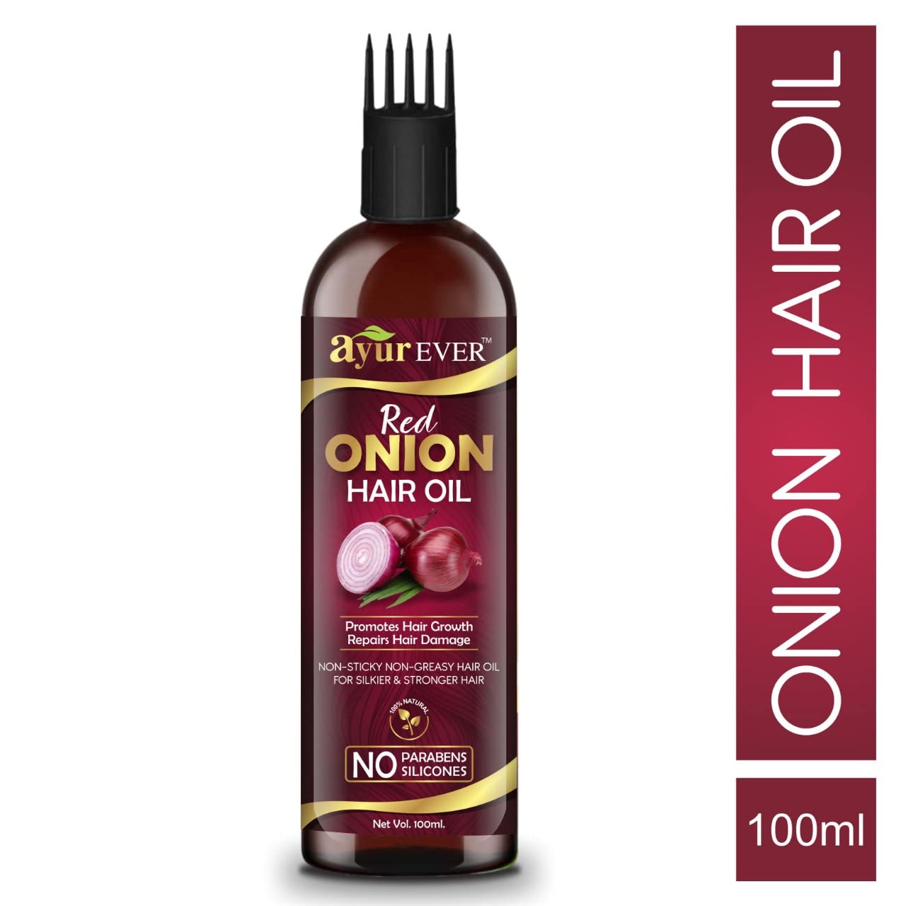 AYUREVER Red Onion Hair Oil for Hair Growth & Hair Loss Treatment - Anti-Dandruff Scalp Care with Deep Root Comb Applicator (100ml) - Promotes Thicker, Stronger Hair for Men & Women | Daily Hair Care & Styling Essential