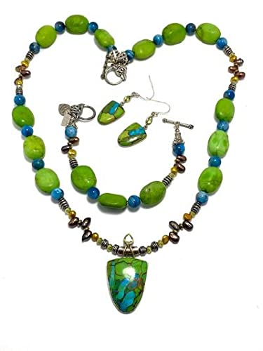 925 Sterling Silver Jewelry Set with Blue Turquoise, Peridot, Apatite & Freshwater Pearls - Boho Necklace, Bracelet & Earrings Set for Women | Perfect for Weddings, Parties & Everyday Wear
