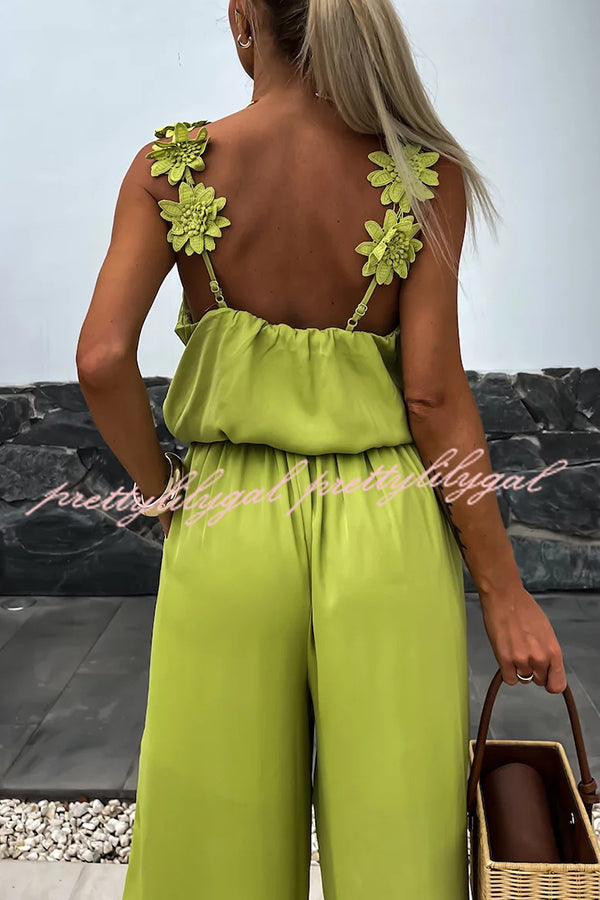 Solid Color Embroidered Flower Suspenders Casual Loose Jumpsuit for Women | Summer Boho Romper | Outdoor Music Festival & Beach Vacation Outfit
