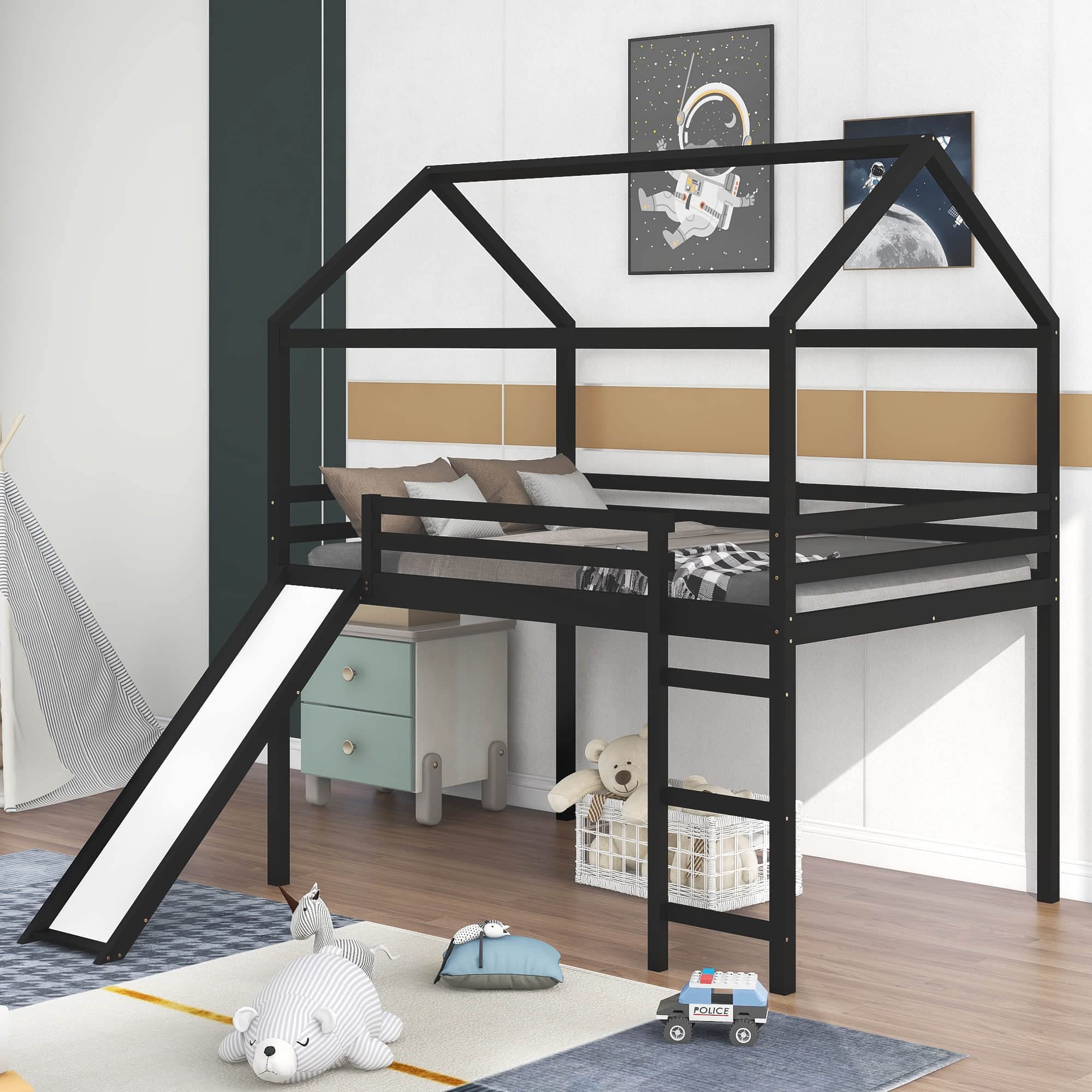 Wooden Low Loft Bed with Slide - Full Size House Bed Frame with Slat Support & Easy Assembly (No Box Spring Needed) - Perfect for Kids' Bedrooms, Playrooms & Small Spaces