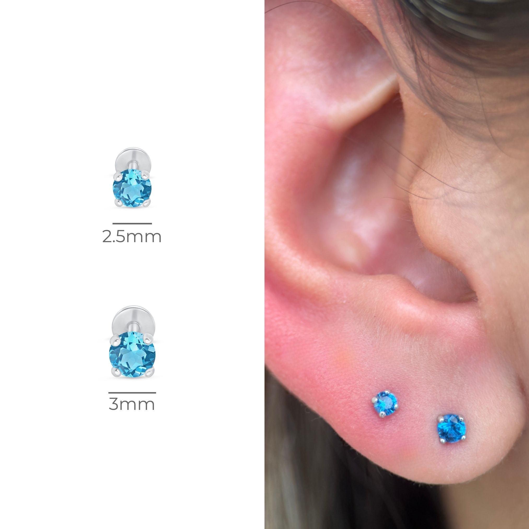 14k White Gold Blue Topaz Cartilage Flat Back Stud Earrings - Perfect for Daily Wear, Gifts & Special Occasions