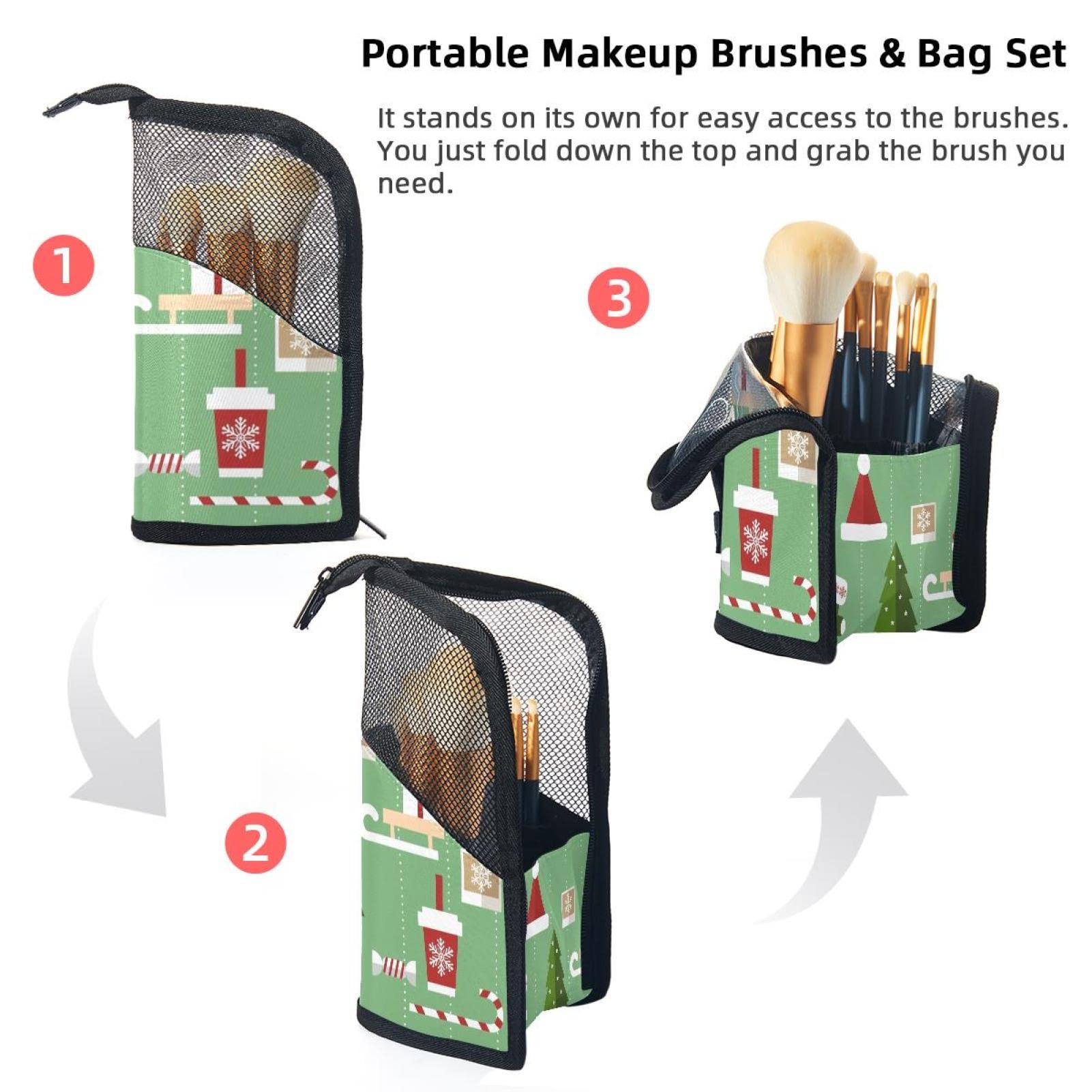 12-Piece Makeup Brush Organizer Bag with Portable Holder Case - Christmas Green Tree Design for Travel & Home Storage