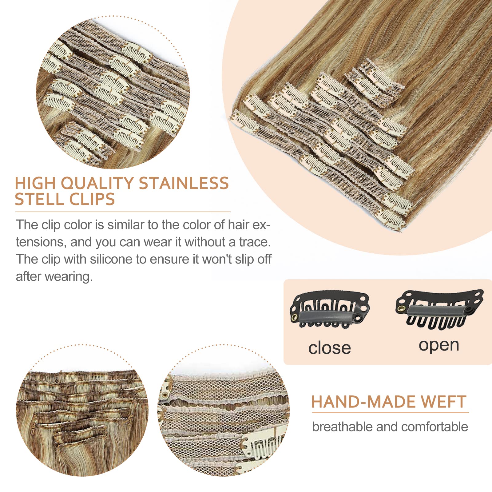 Clip-In Human Hair Extensions 8pcs 120g - Chestnut Brown Mixed Blonde Remy Hair (6/613, 24inch) | Thick Natural Hair Extensions for Women | Perfect for Daily Styling, Parties & Special Occasions