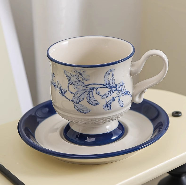 Elegant Ceramic Coffee Cup and Saucer Set - Blue Porcelain Tea Cups for Afternoon Tea, British Style - Perfect for Home, Office, and Gifts