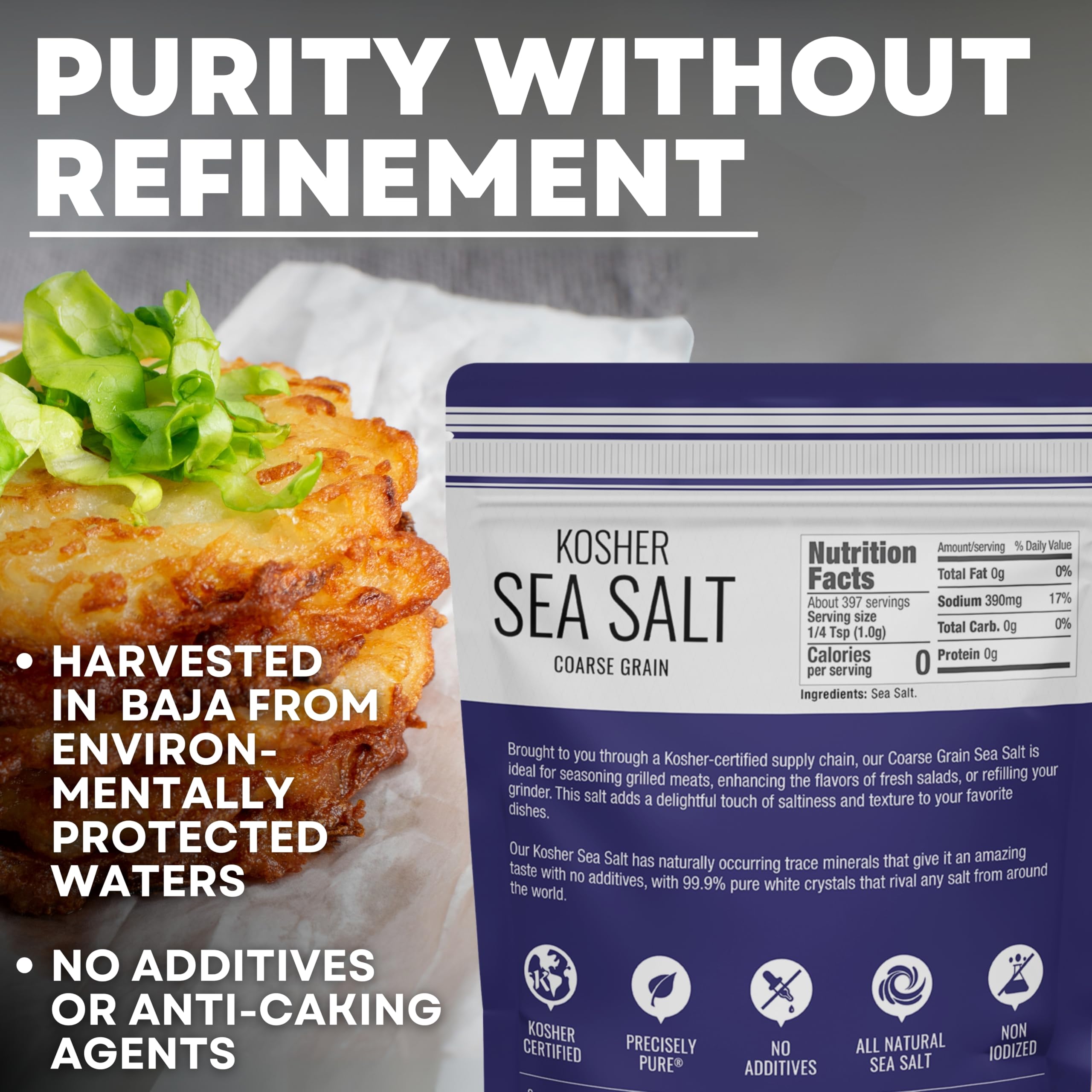 Premium Kosher Sea Salt - Coarse Grain, Non-Iodized & All-Natural | Perfect for Salt Grinders, Cooking & Seasoning | 14 oz Resealable Bag | Ideal for Chefs, Home Cooks & Food Enthusiasts