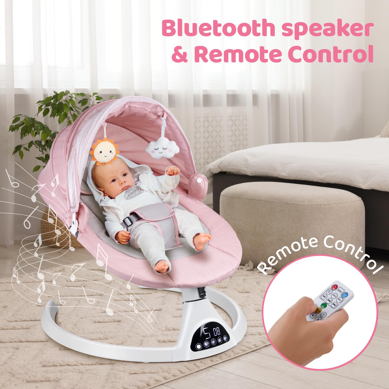 Suureks Baby Swing for Infants - 5 Motion Rocker with Natural Sway, LED Touch Panel & Music Speaker | Remote Control Infant Swing (Pink) | Perfect for Nursery, Playtime & Soothing Fussy Babies