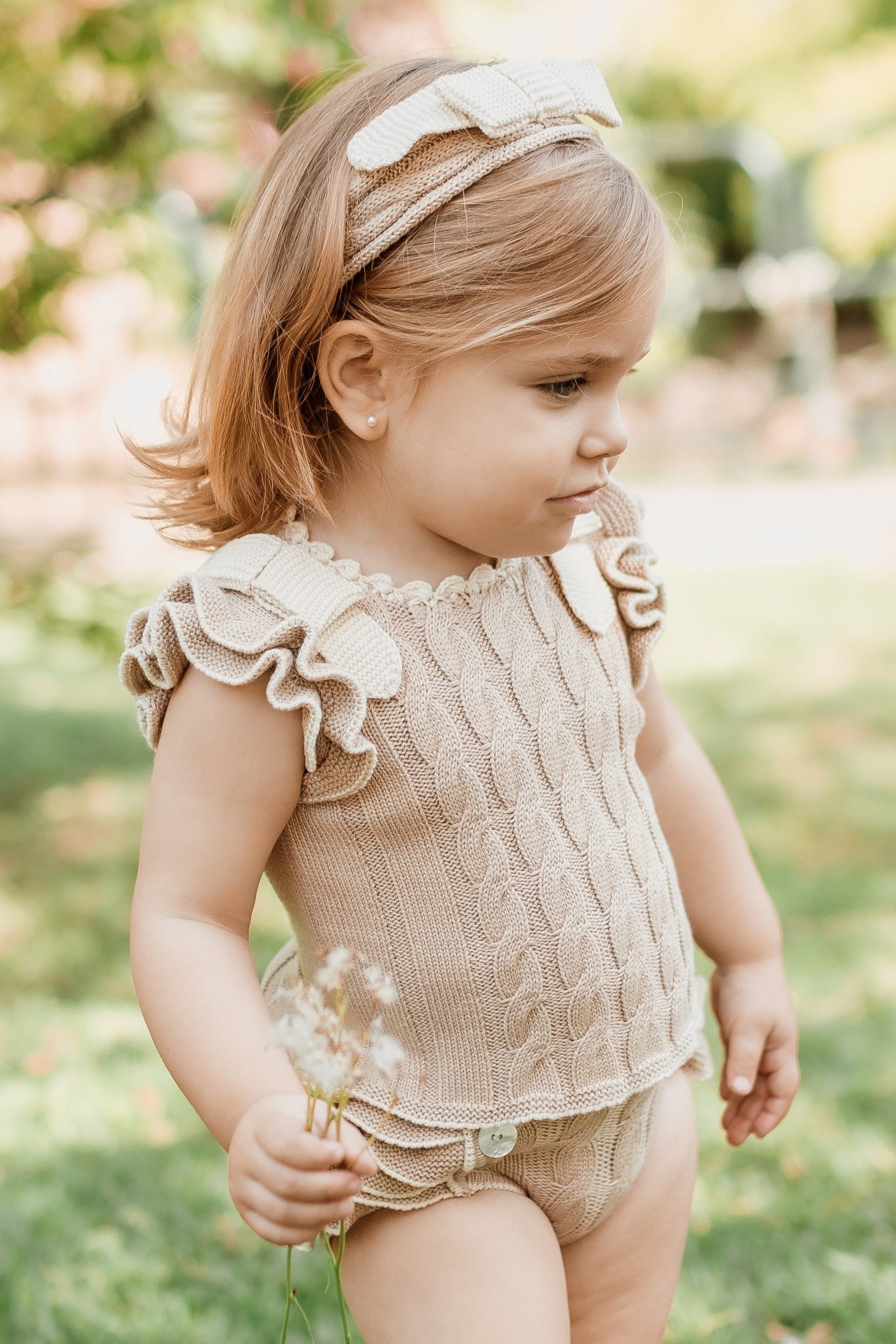 Matilda Camel & Cream Cable Knit Top & Bloomers Set - Soft Baby Girl Outfit for Photoshoot, Birthday Party & Special Occasions