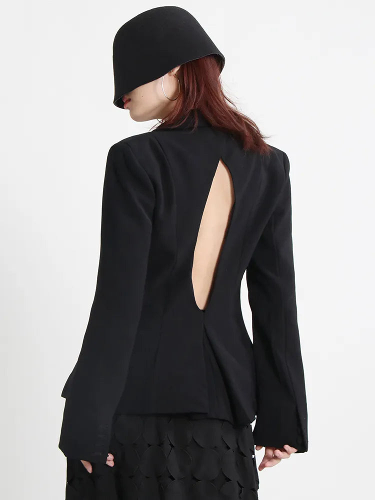 Elegant Backless Diamond Slim Blazer for Women - Notched Collar Long Sleeve Minimalist Jacket | Perfect for Office Wear, Evening Parties & Formal Events