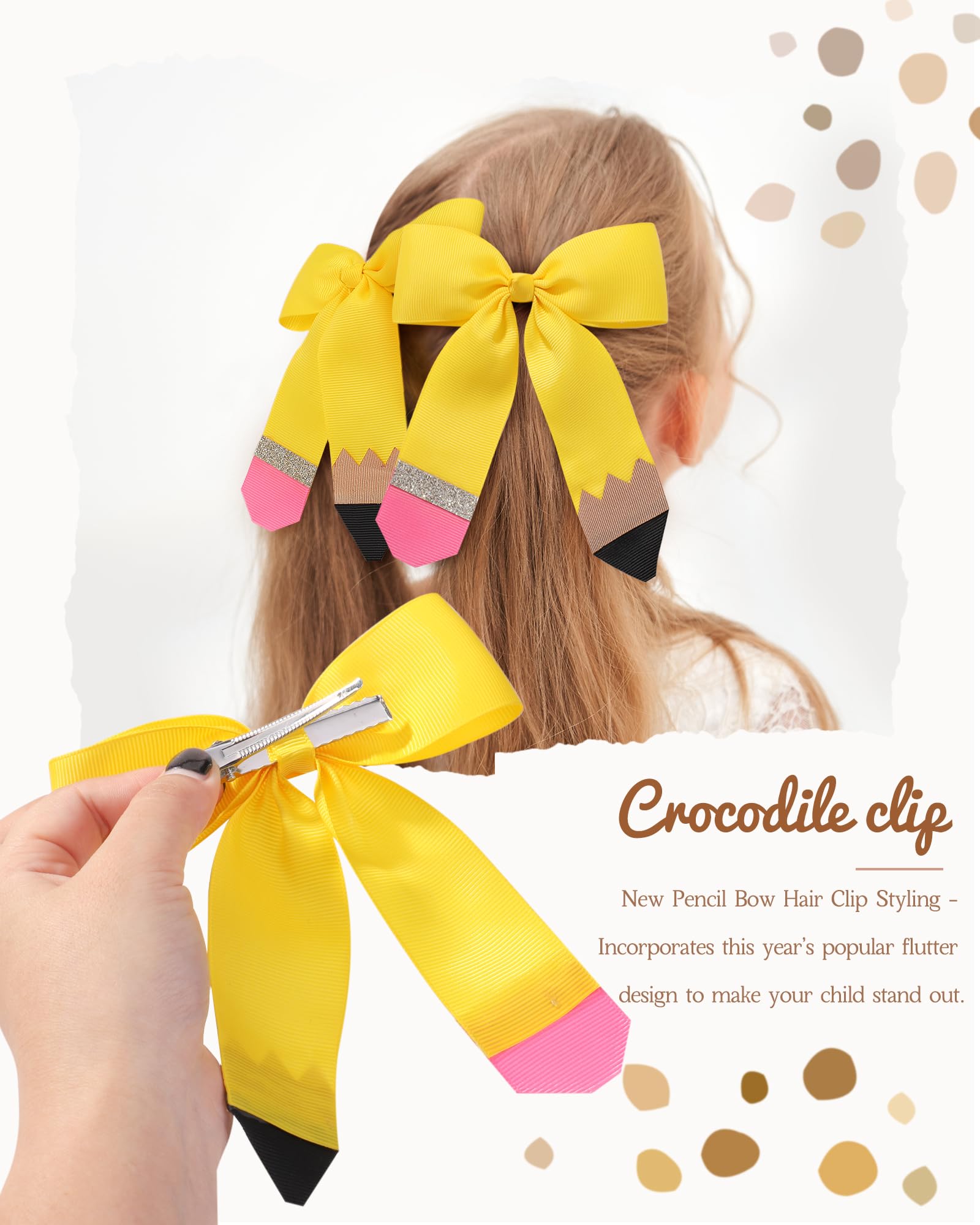 2PCS 4.5 Inch Yellow Hair Bows for Girls - Baby Hair Clips with Pencil Ribbon Design, Alligator Clips Hair Accessories for Toddlers, Kids & Teens | Perfect for School, Parties & Everyday Wear