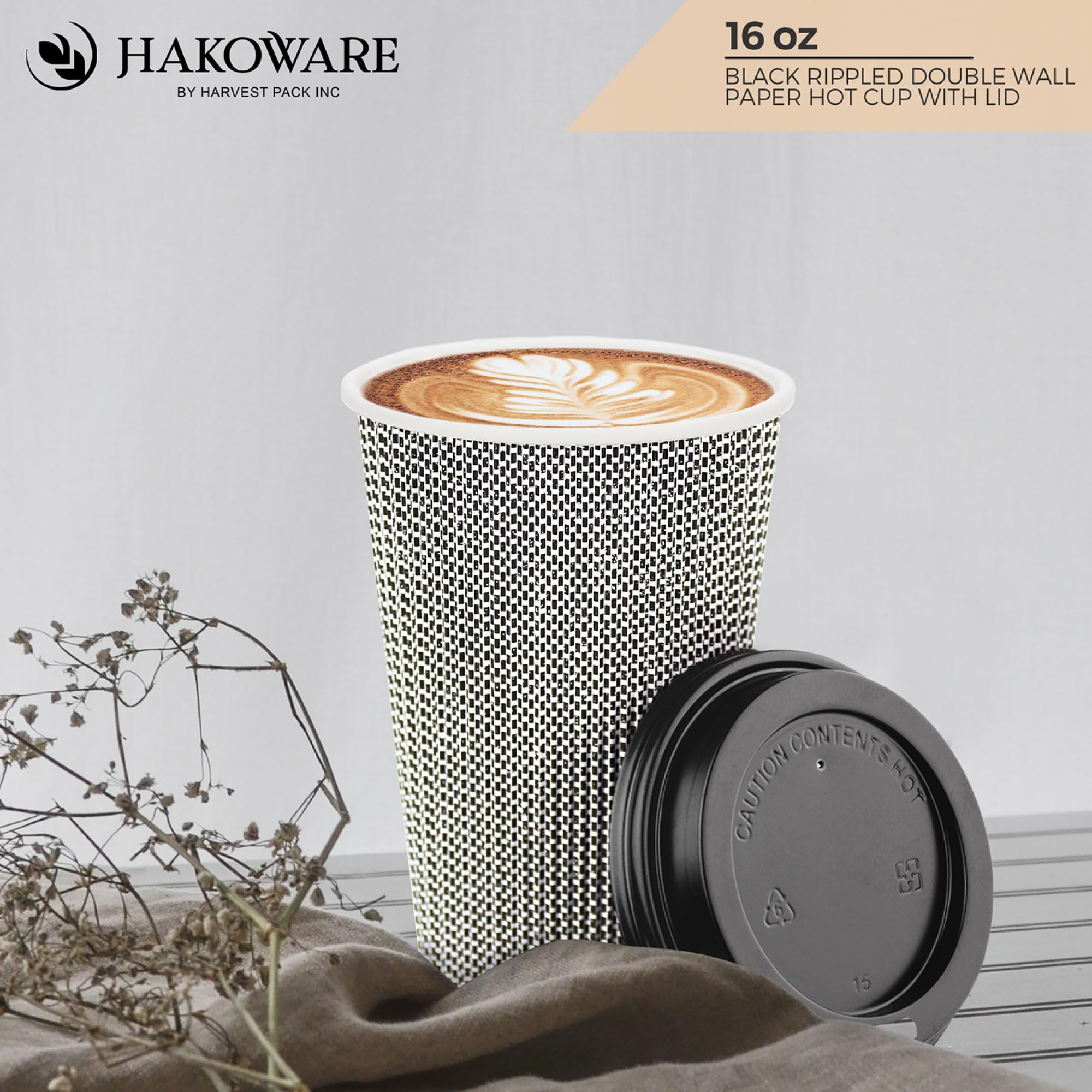 [340 SET] 16 oz Disposable Coffee Cups with Lids - Insulated Double-Walled Paper Cups, Black & White Geometric Design for Hot Beverages - Perfect for Coffee, Tea, Hot Chocolate - Ideal for Cafes, Offices, and Takeout Services
