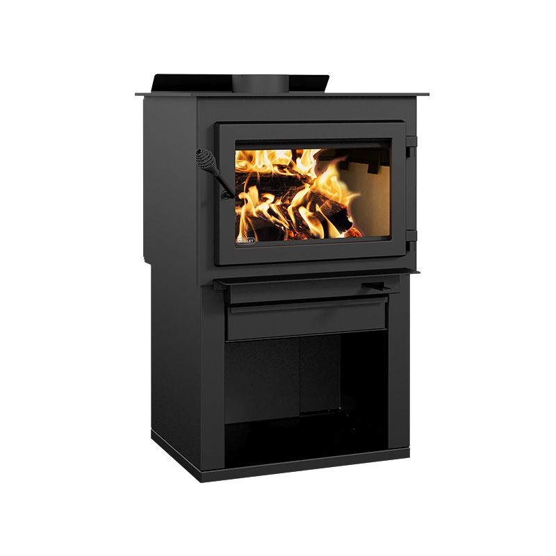 Drolet Deco Alto 2,100 Sq. Ft. Pedestal Wood Burning Stove with Log Storage - Efficient Heating for Cabins, Living Rooms & Outdoor Spaces