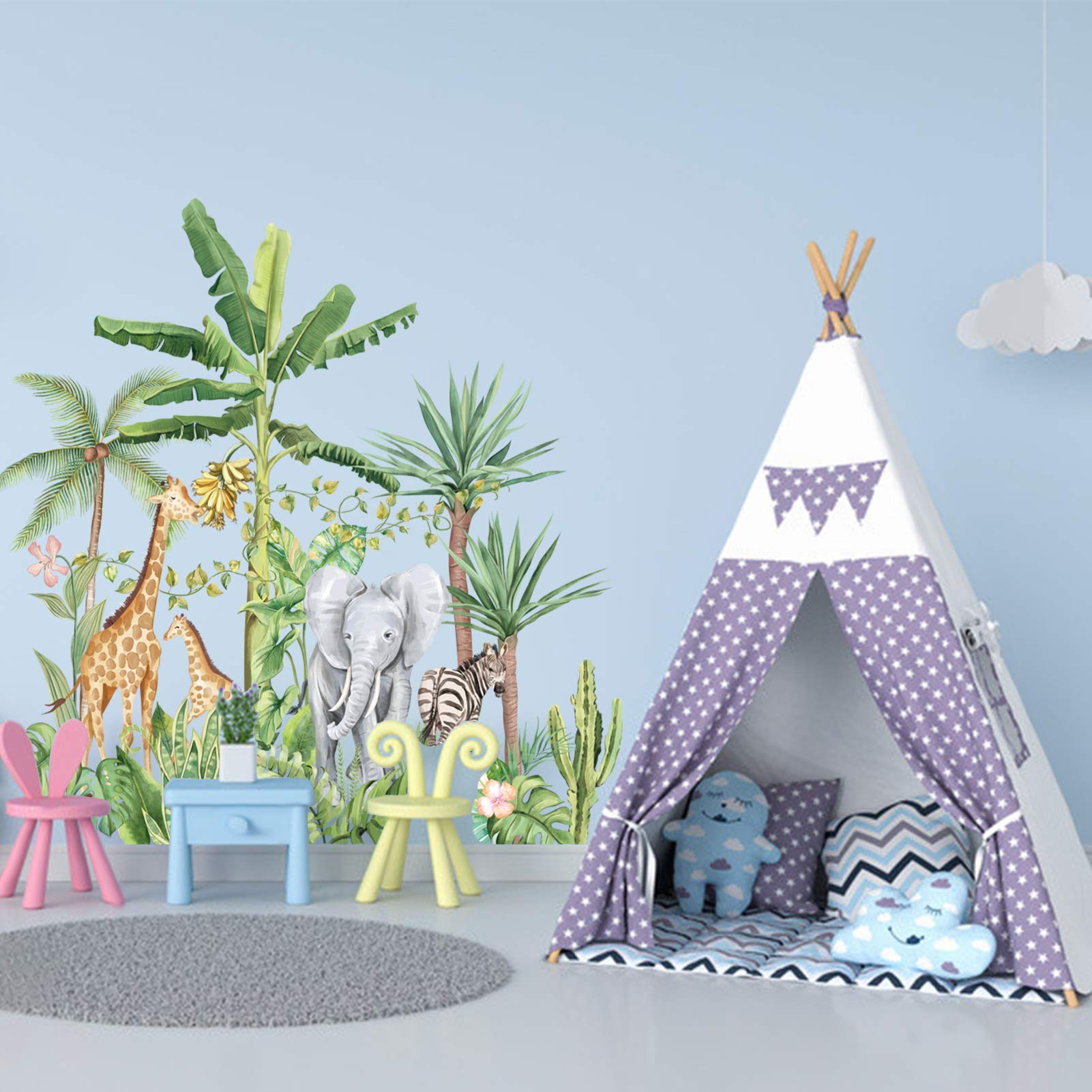 Cartoon Tropical Rainforest Animal Wall Stickers - Removable Jungle Elephant Giraffe Zebra Decals for Kids Bedroom, Nursery & Home Decor | Perfect for Children's Room Themes, Playroom Murals & DIY Wall Art Projects