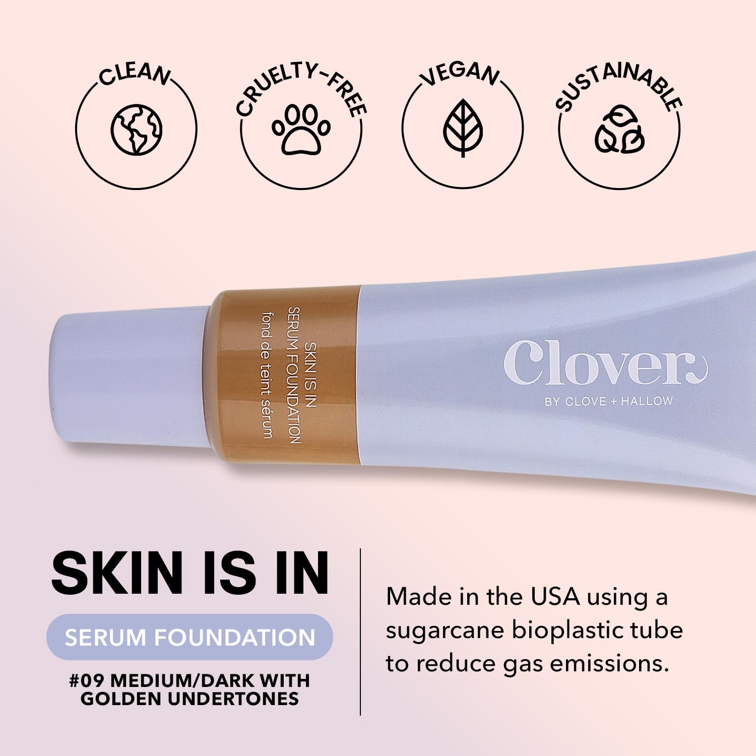 Clover Skin Is In Serum Foundation - Hydrating Face Serum & Lightweight Foundation, Cruelty-Free, Vegan with Squalane & Sunflower Seed Wax | 30ml Shade 09 (Medium-Dark) | Perfect for Daily Wear, Natural Makeup Look & Sensitive Skin Care Routine