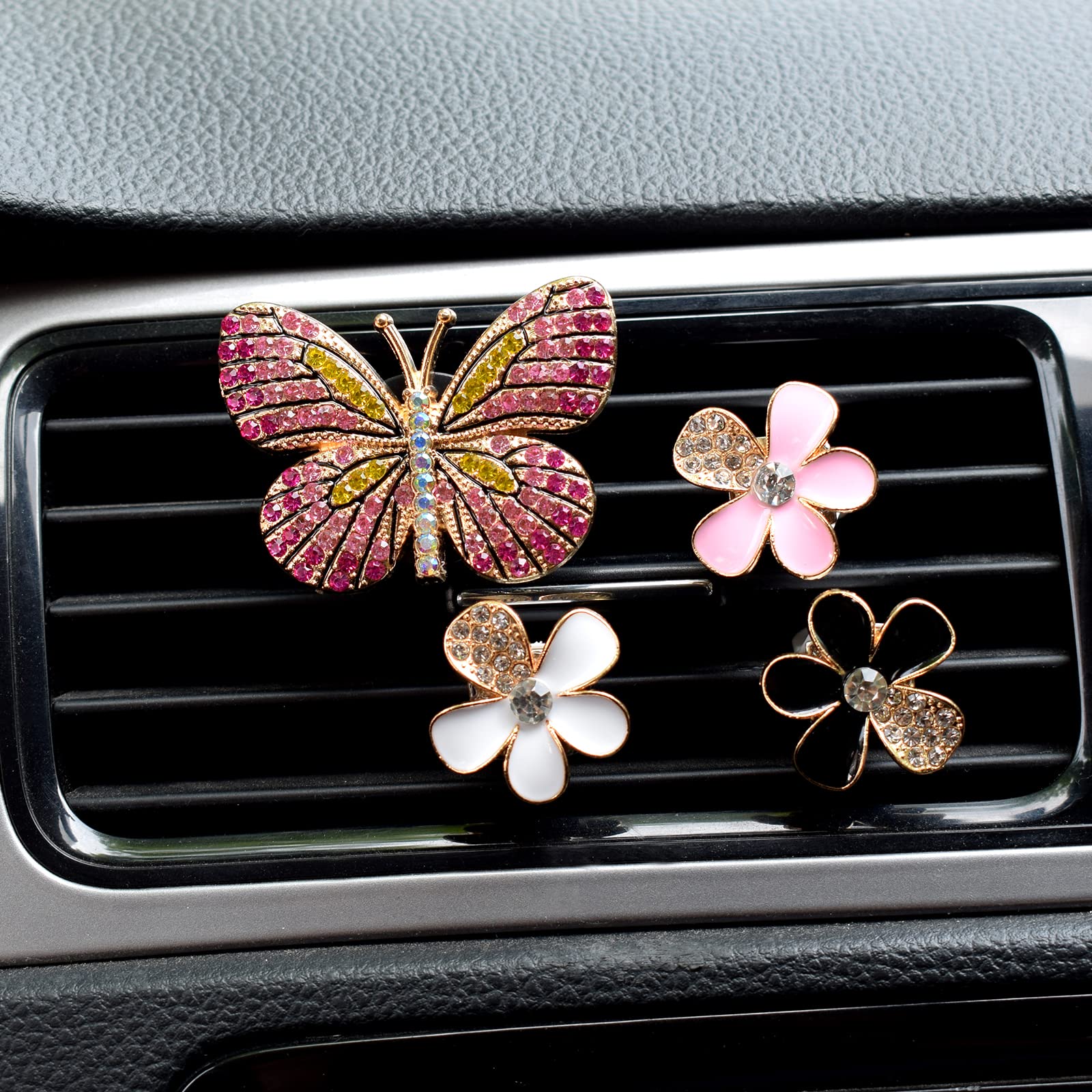 4PCS Bling Butterfly Car Air Vent Clips - Pink Butterfly & 3 Flower Decorations, Aromatherapy Air Freshener for Women - Perfect for Car Dashboard Decor & Home Fragrance