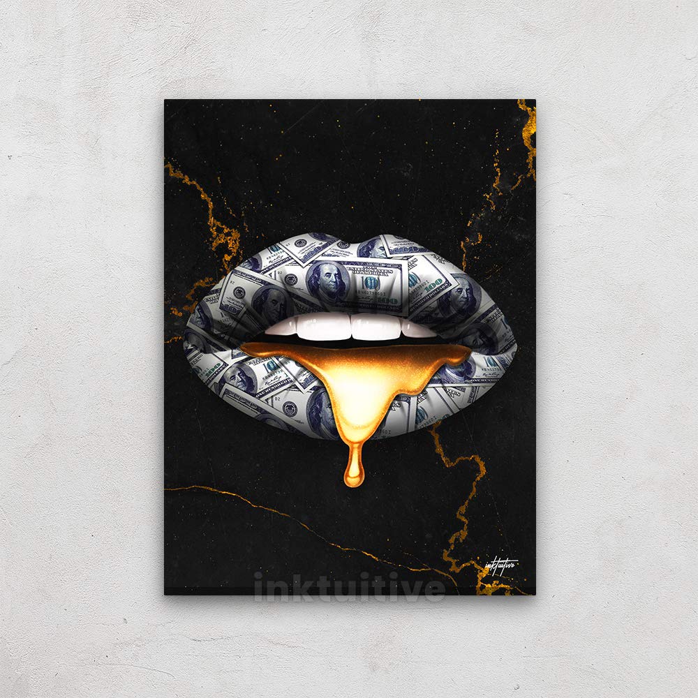 Inktuitive Lips 'Money Talks' Canvas Wall Art - 40x30 Inch Printed Modern Wall Decor with Black Frame | Motivational Office & Home Decor for Passion & Money Mindset | Perfect for Living Room, Bedroom, or Workspace Inspiration