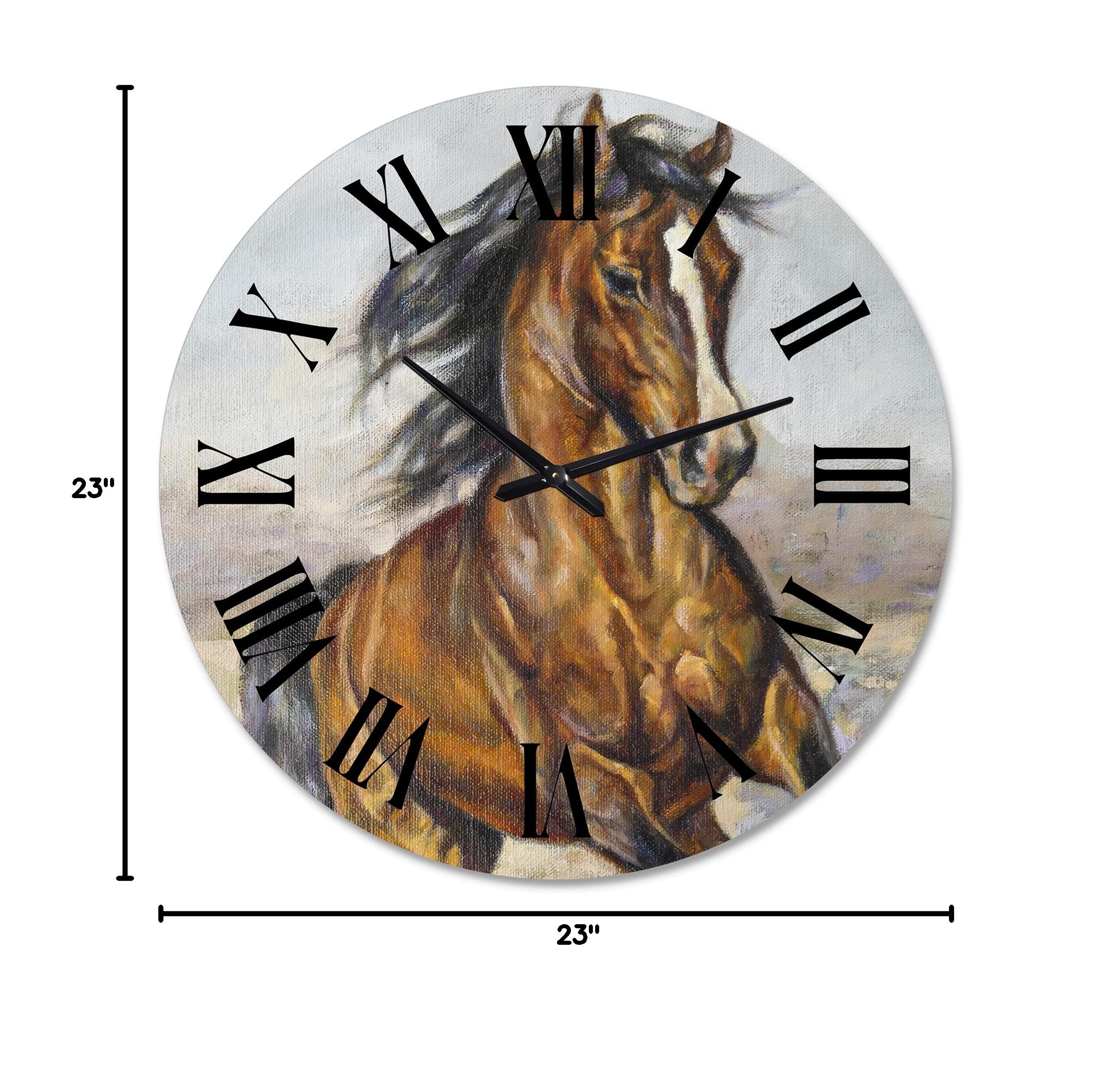 DesignQ Farmhouse Wall Clock - 'Portrait of A Horse in The Race' Large Animal Wall Art for Living Room, Kitchen, Office Decor | Rustic Home Décor & Unique Gift Idea