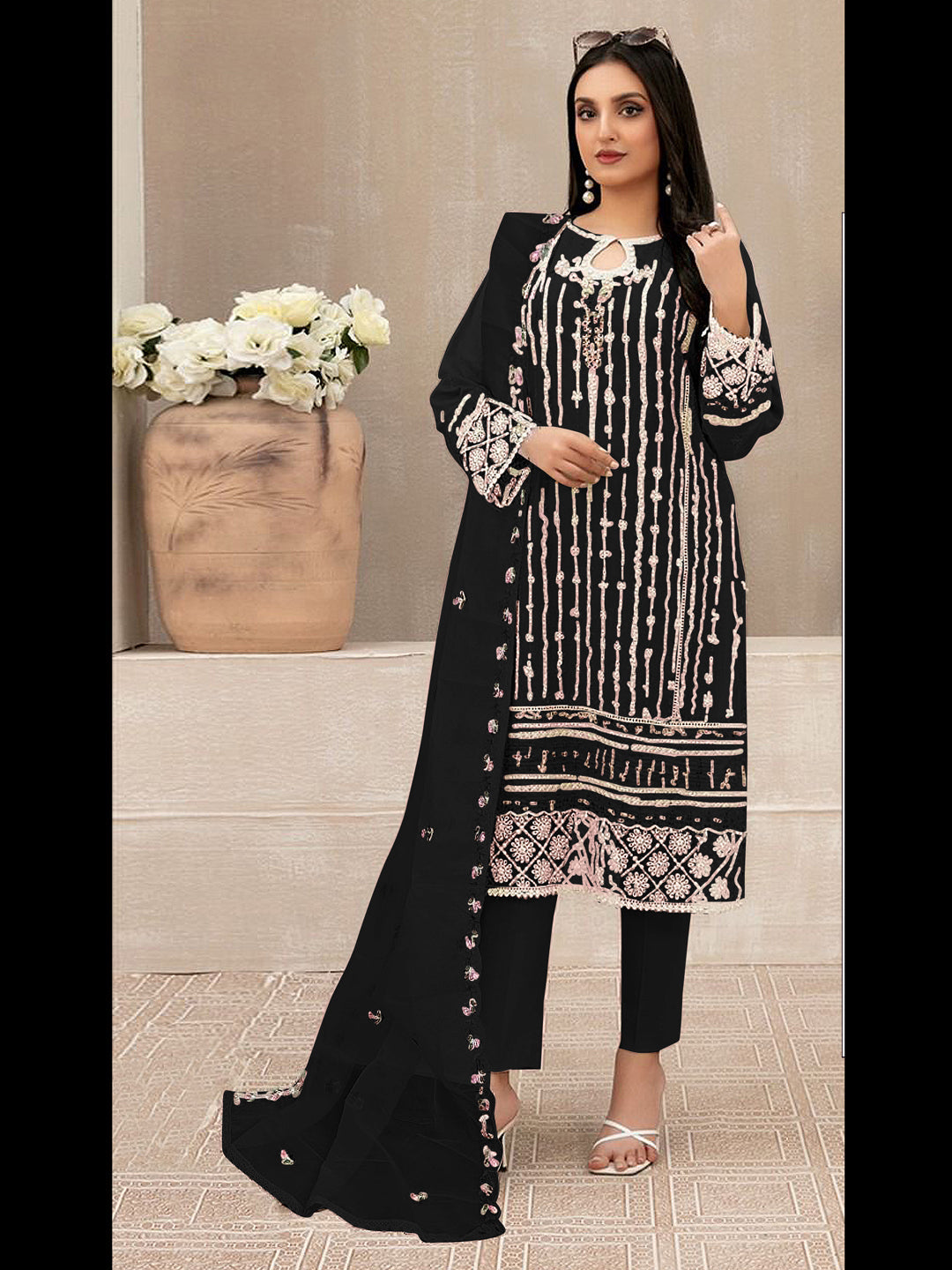 Elegant Black Designer Semi-Stitched Pant Suit with Embroidery & Sequins - Perfect for Weddings, Parties & Special Occasions