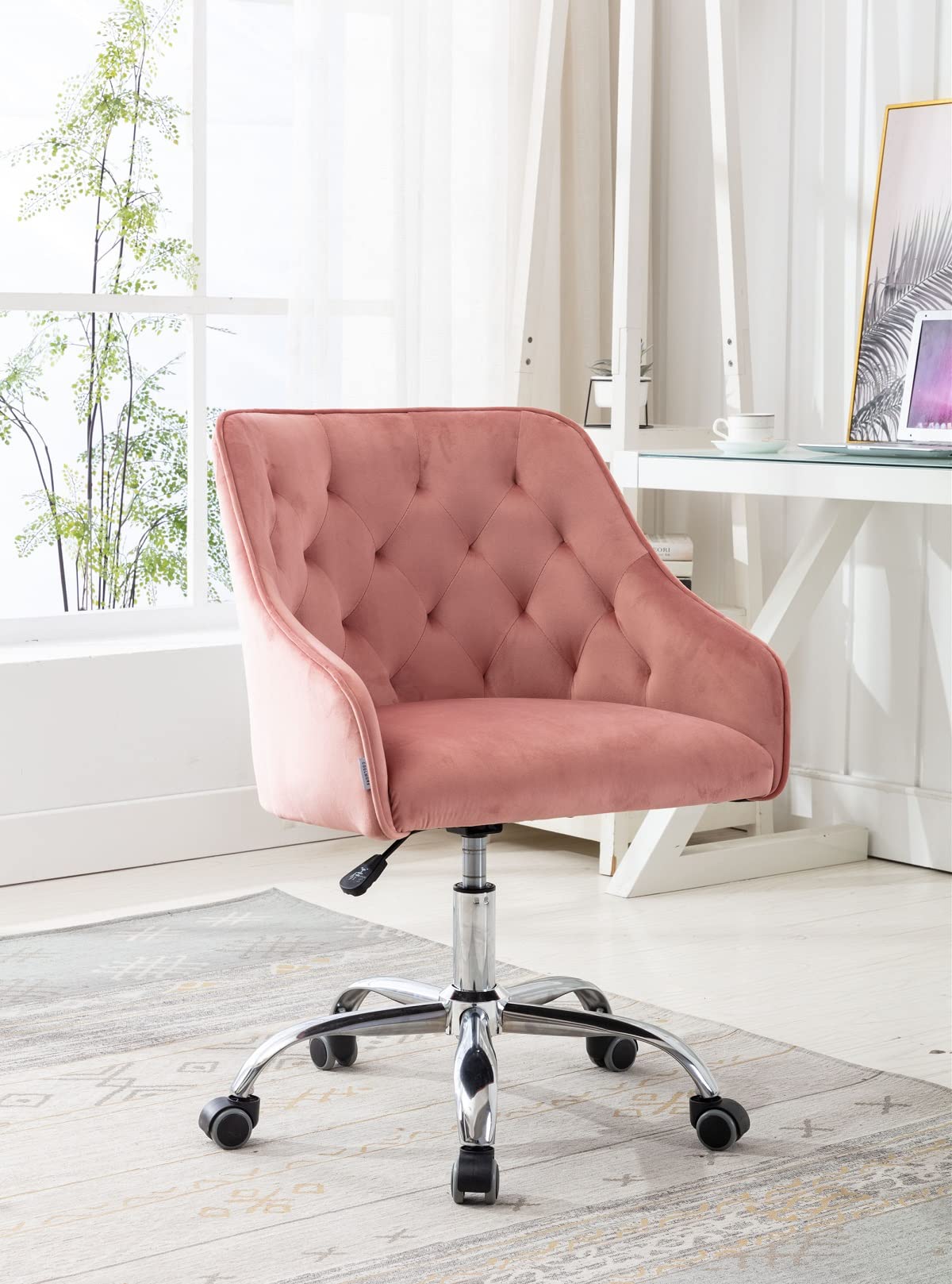 Velvet Office Chair 360° Swivel - Tufted Vanity Desk Chair with Sturdy Metal Base, Soft Small Task Chair for Kids & Students - Perfect for Home Office, Bedroom, Living Room & Study Areas (Pink)