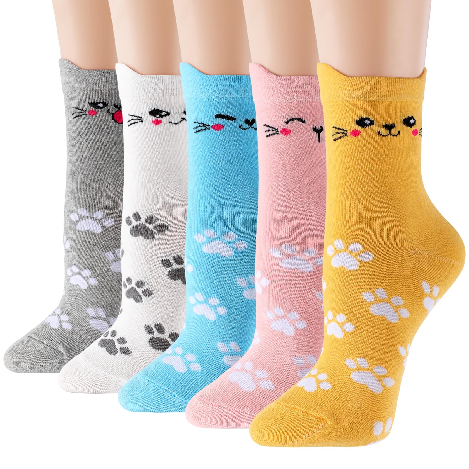 Women's Cat Socks - 5 Pairs Colorful Cute Animal Crew Socks | Novelty, Soft Knit, Cozy & Comfortable | Perfect for Gifts, Cosplay & Everyday Wear