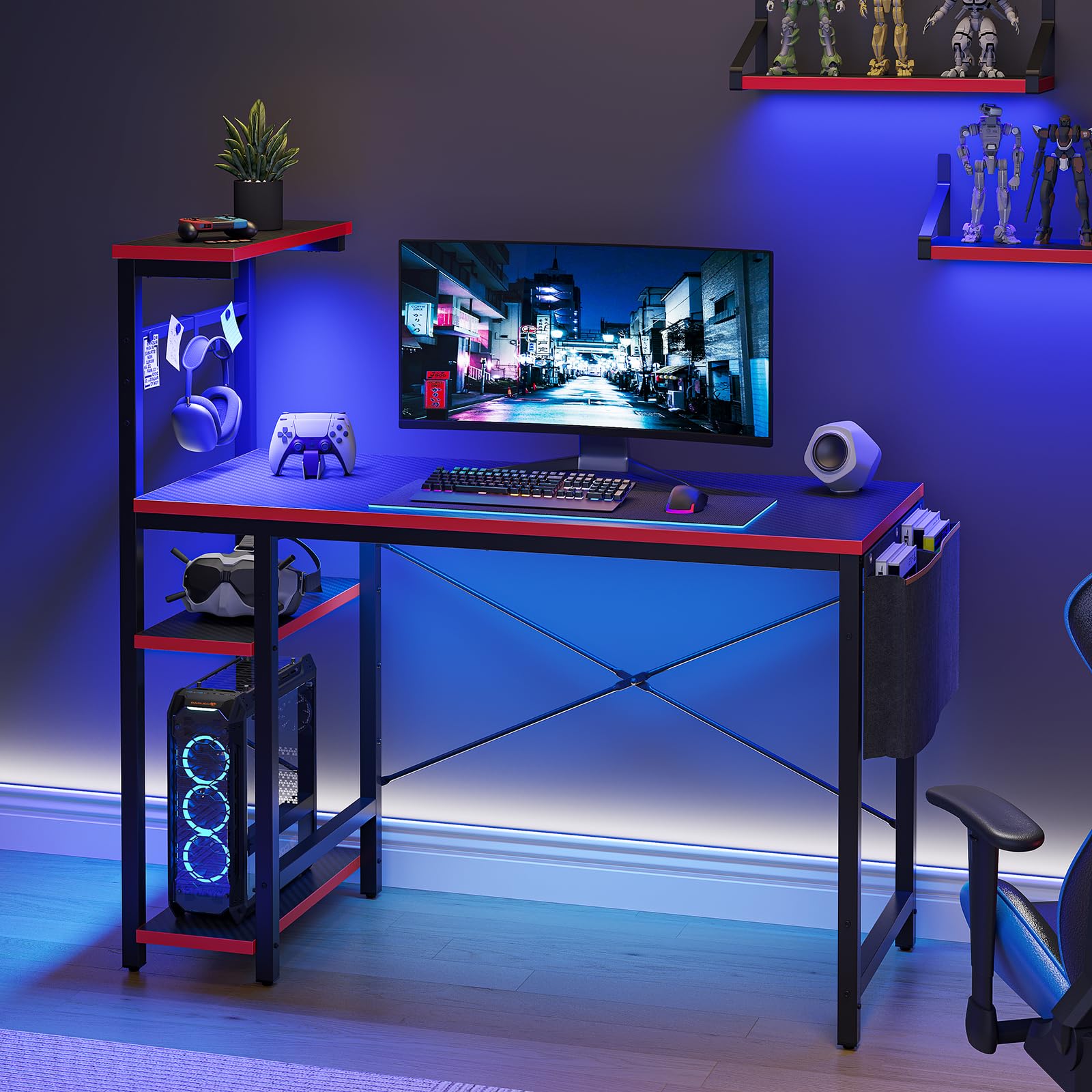 Bestier 44 Inch Gaming Desk with LED Lights - Compact PC Gamer Desk for Small Spaces, Computer Desk with Reversible Storage Shelves & Side Storage Bag (Black 3D Carbon Fiber) - Perfect for Esports, Streaming & Home Office Setup