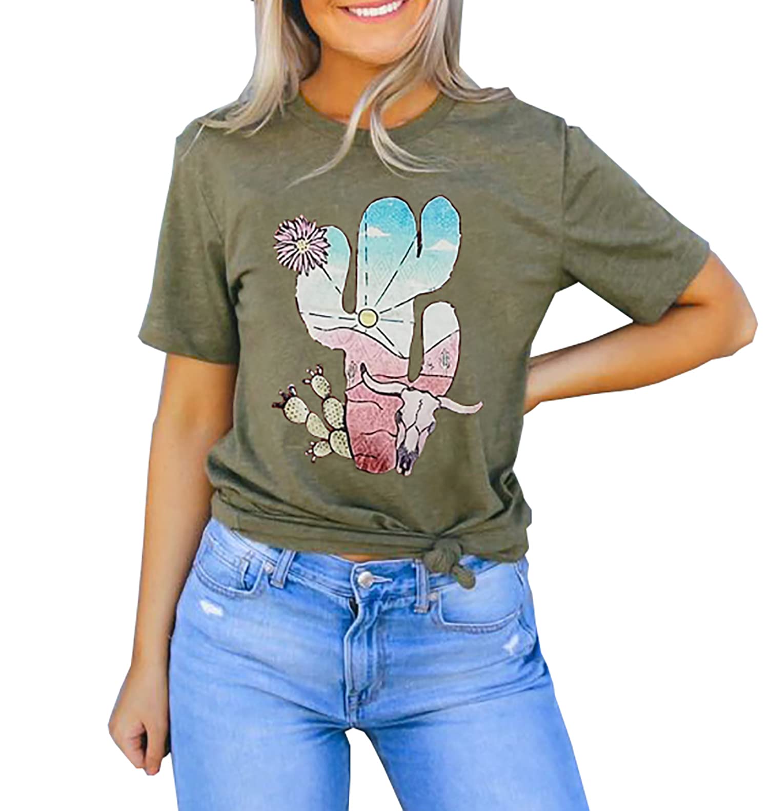 Western Cactus Skull Floral T-Shirt for Women - Casual Short Sleeve Top for Summer Outings
