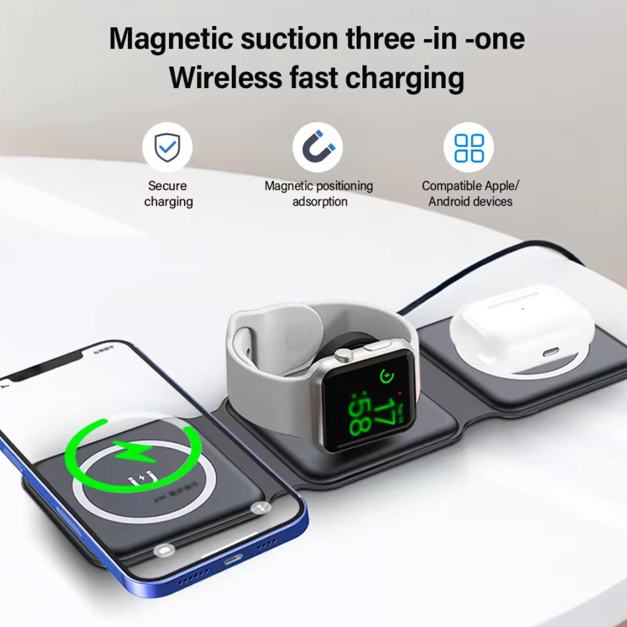 3-in-1 Magnetic Wireless Charging Station for iPhone 15/14/13/12 Series & Apple Watch 9/Ultra 2/8/7/SE | Foldable Travel Wireless Charger | Fast Charging for Home, Office & Travel