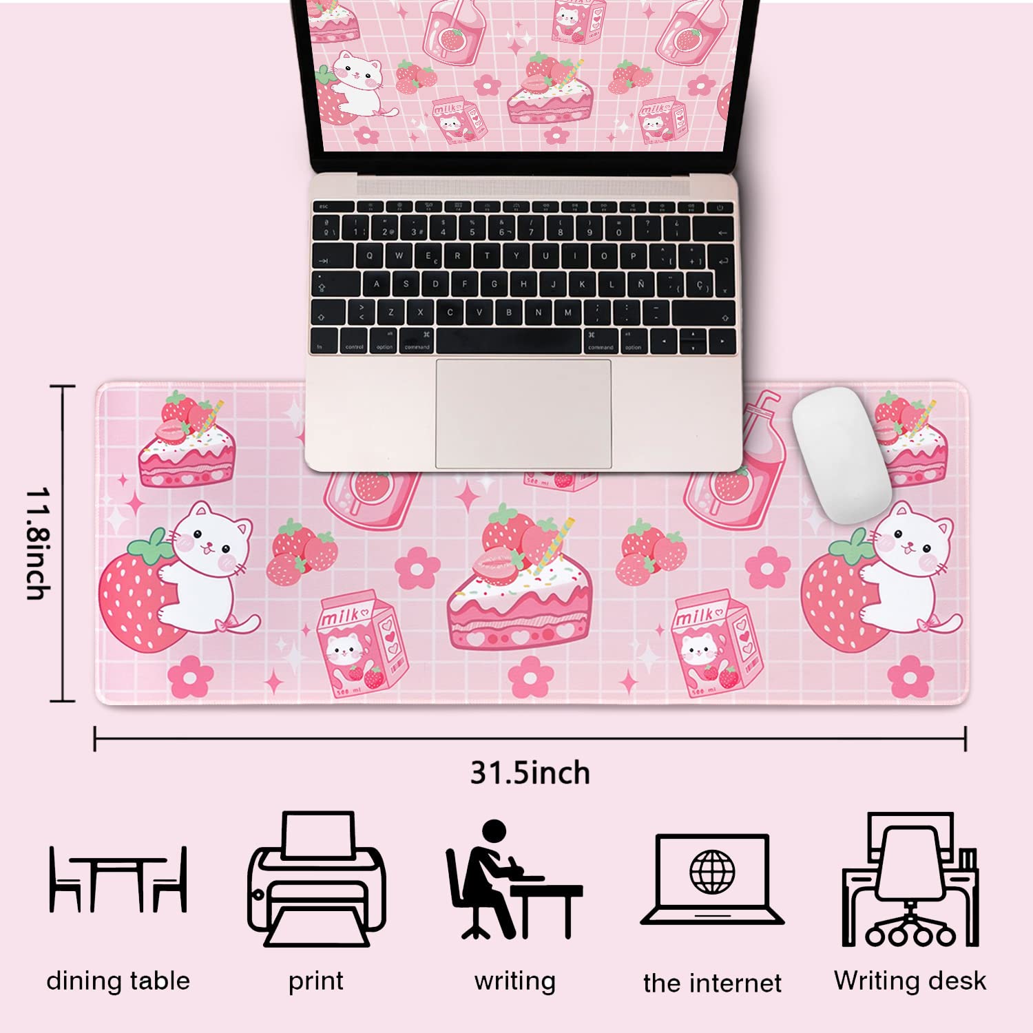 Kawaii Strawberry Milk Cat Gaming Mouse Pad - Extra Large 31.5