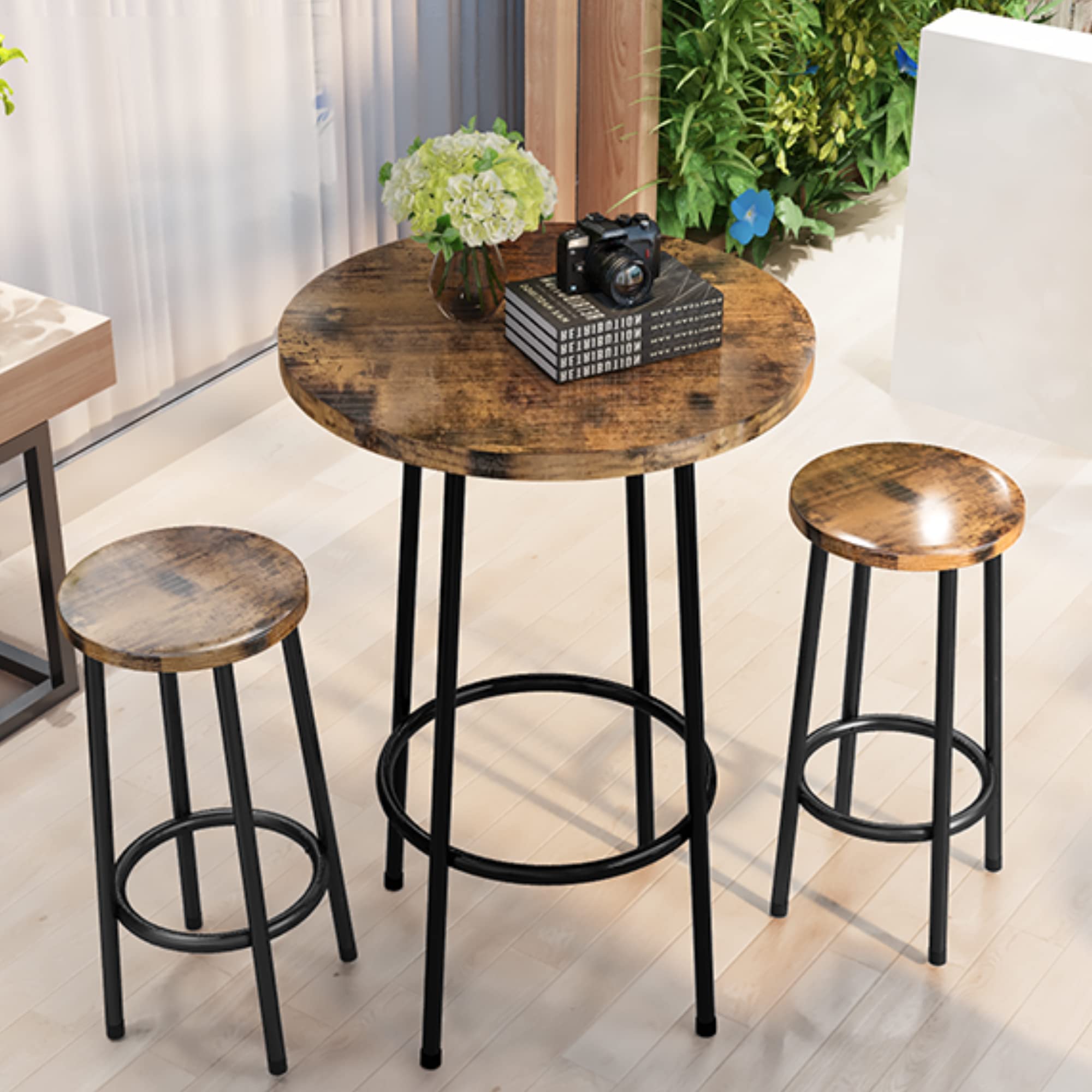 AWQM 3-Piece Round Bar Table Set for Small Spaces - Compact 2-Person Dining Table with Faux Wood Top & 2 Matching Stools - Perfect Breakfast Nook Set with Footrest for Kitchen, Living Room & Apartment (Brown) | Ideal for Small Homes, Studio Apartments & Cozy Dining Areas