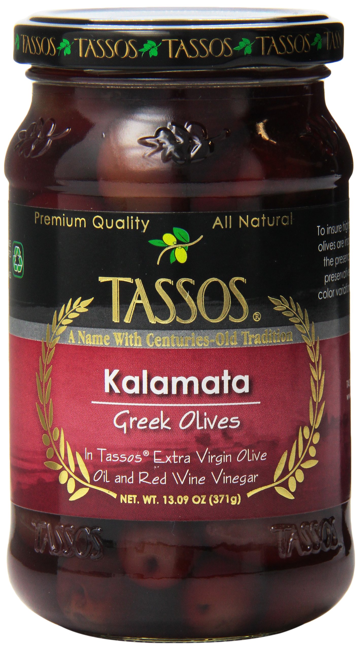 Premium Tassos Kalamata Olives in Red Wine Vinegar - 13 oz Jar | Authentic Greek Olives for Salads, Charcuterie Boards & Mediterranean Recipes