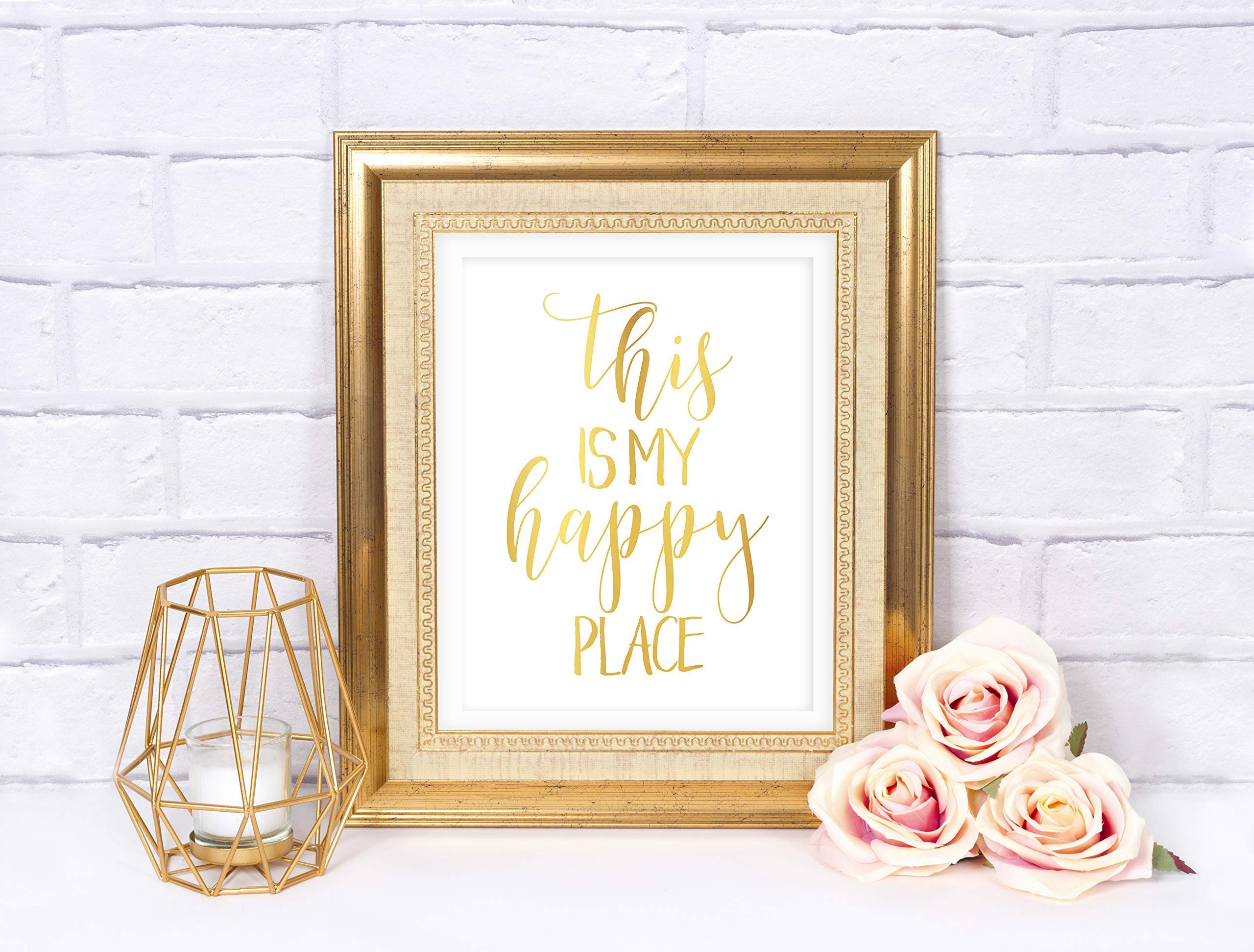 Gold Foil Print 'This Is My Happy Place' Wall Art Decor - Inspirational Quote Poster for Home, Bedroom & Office - Unframed Motivational Sign for Living Room, Dorm & Workspace
