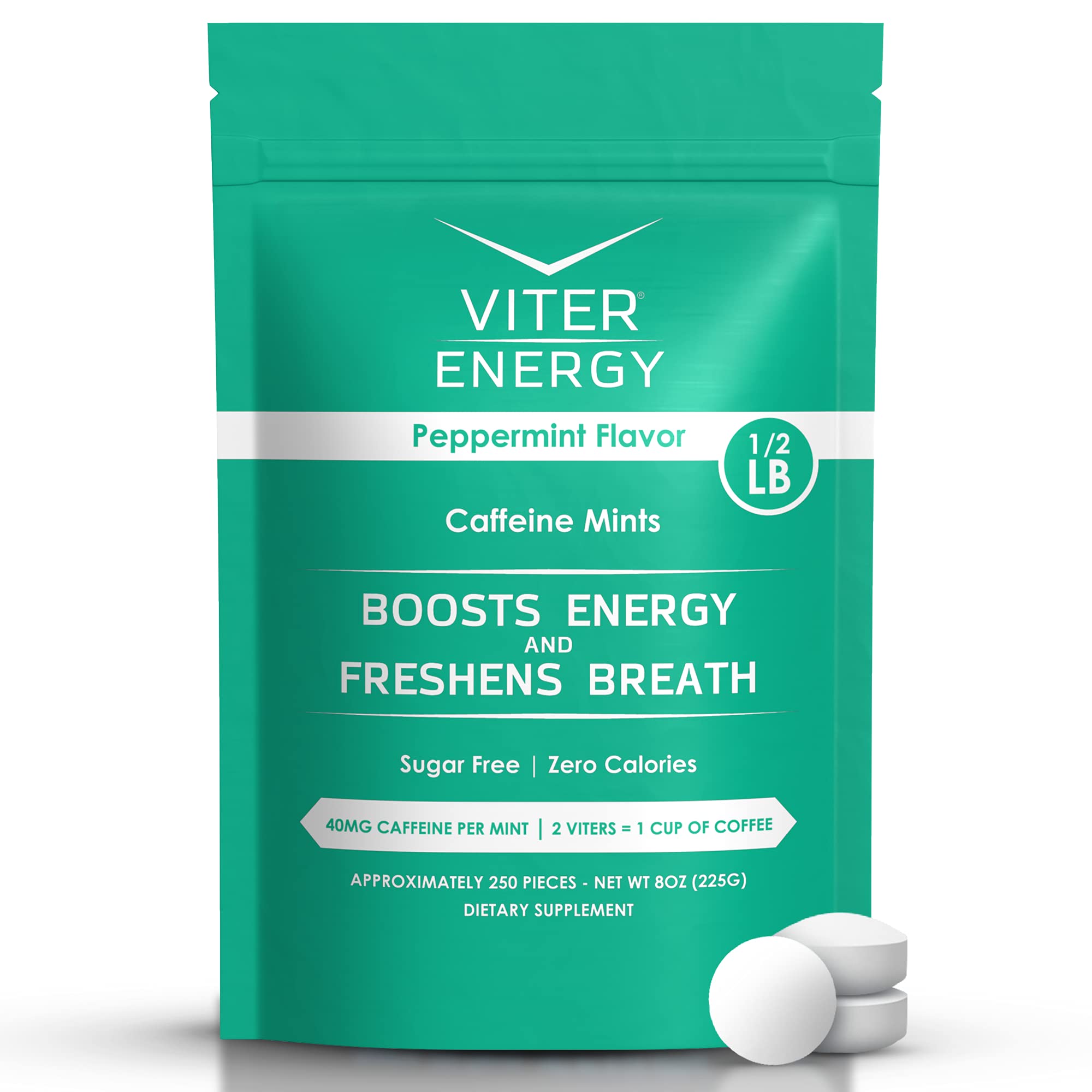 Viter Energy Caffeinated Mints - 40mg Caffeine Per Mint with B Vitamins, Sugar Free, Peppermint Flavor - 8oz Bulk Bag for Energy Boost at Work, Gym or Travel