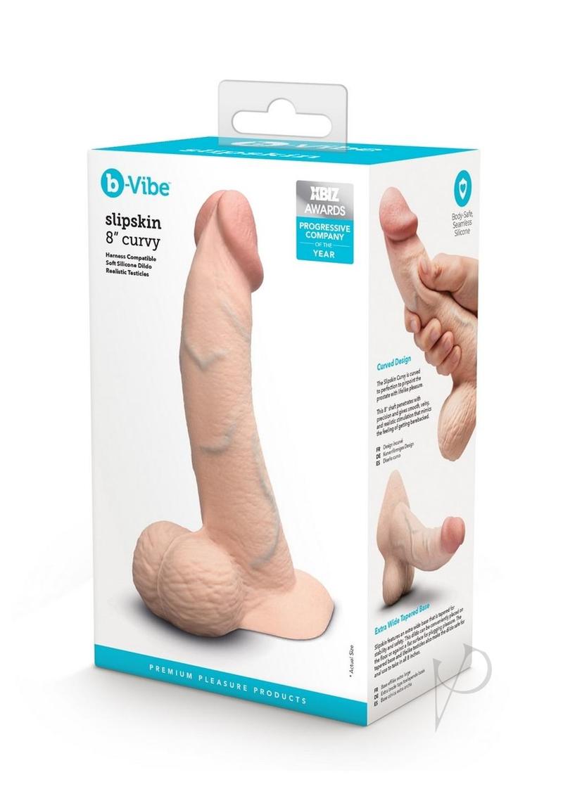 B Vibe Slipskin Realistic Silicone Curved Dildo 8 Inch - Vanilla Color - Body-Safe Adult Toy for Solo Play & Couples - Perfect for G-Spot & P-Spot Stimulation