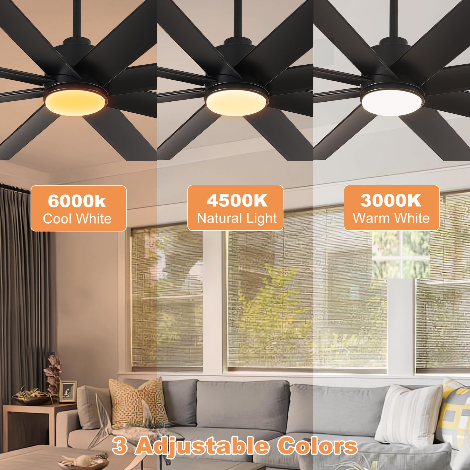Depuley 60 Inch Black Ceiling Fan with Lights and Remote Control - 3 Color Temperature Dimmable LED, 8 Blades, 5-Speed Reversible DC Motor - Perfect for Office, Living Room, Bedroom and Covered Patios