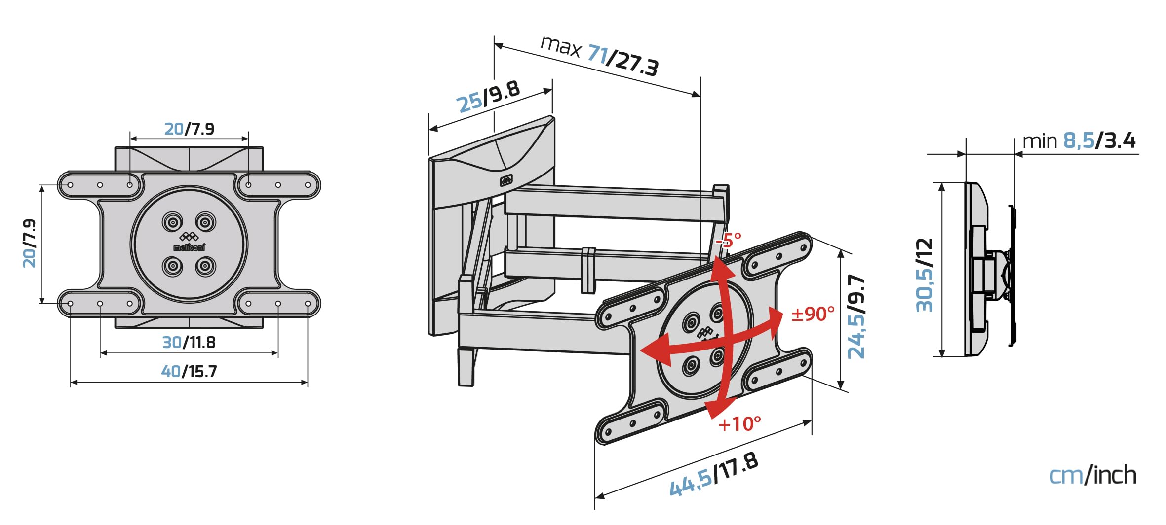 Meliconi Space System DUALMOTION OLED TV Wall Mount - Dual Arm Adjustable Bracket for 40