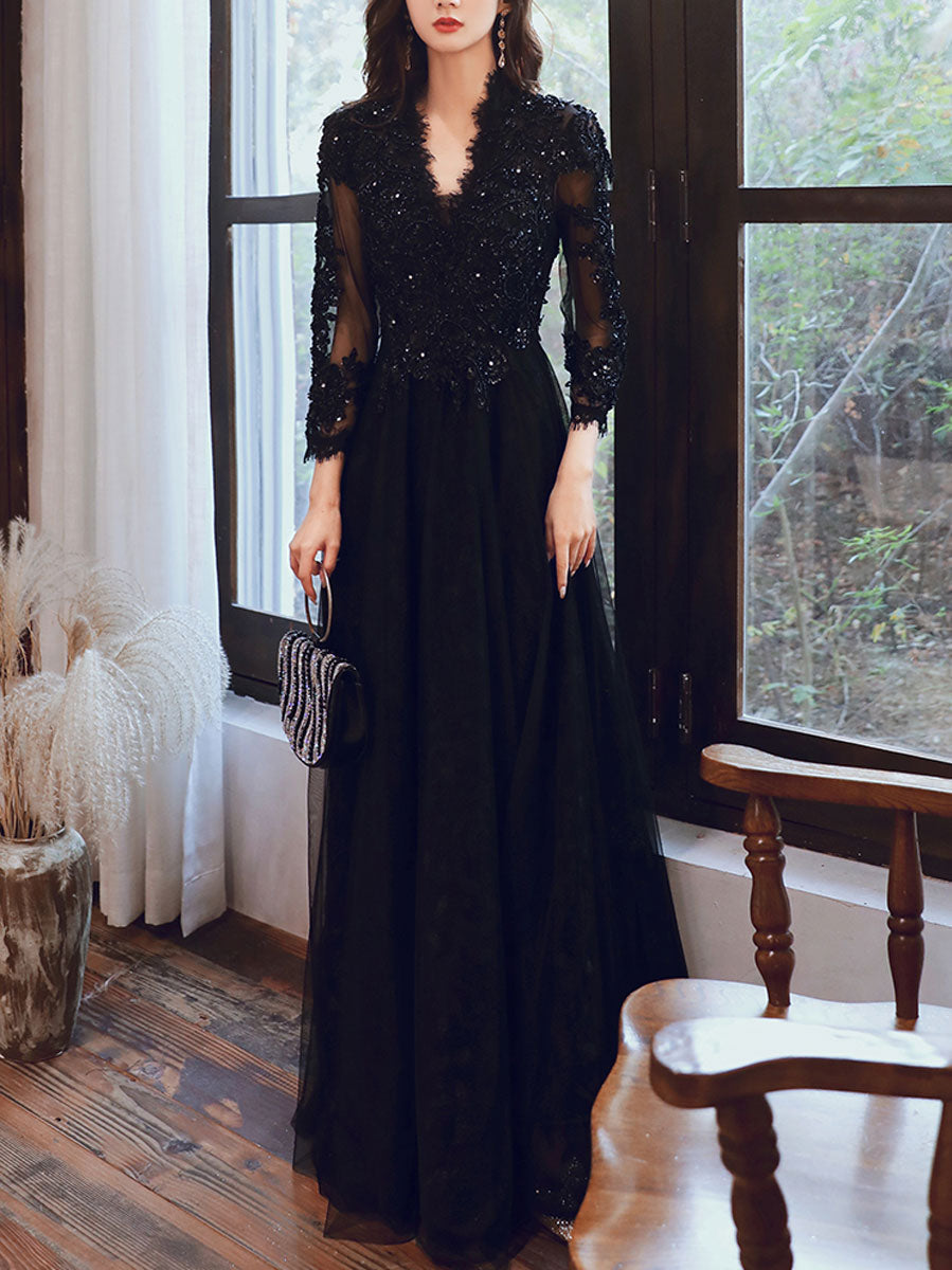 Elegant Black V-Neck Tulle Lace Beaded Long Prom Dress - Formal Evening Gown for Homecoming, Wedding, and Special Occasions