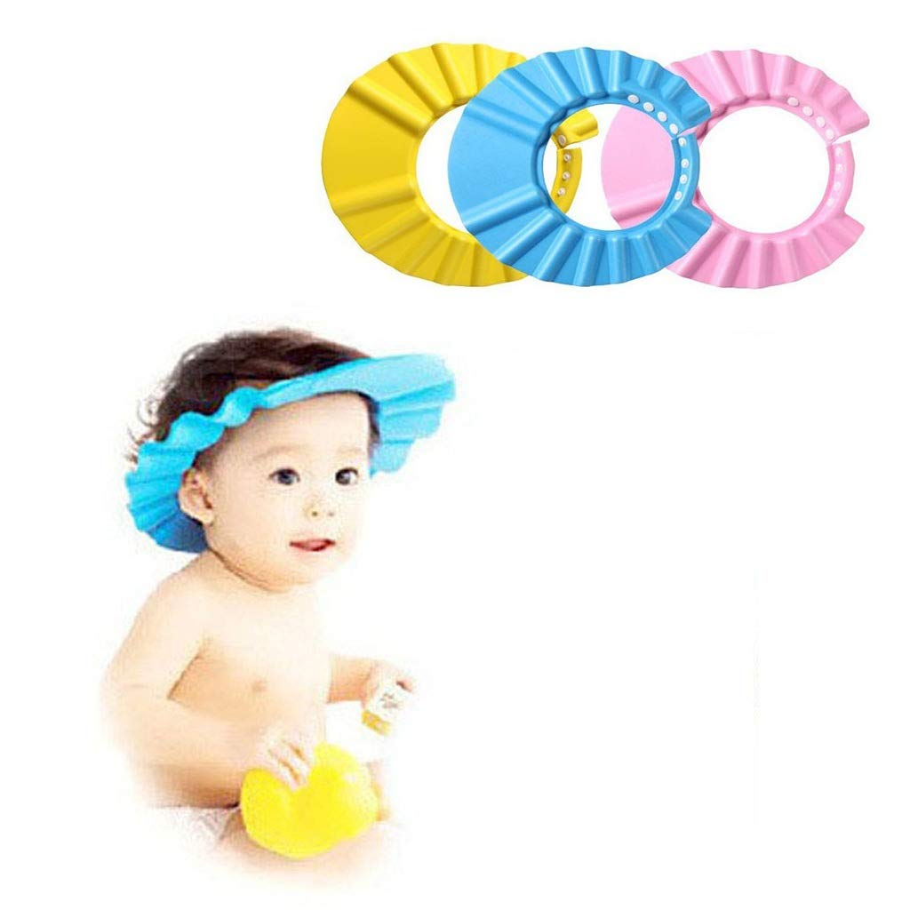 3-Piece Soft Adjustable Baby Bath Cap Set (Pink, Blue, Yellow) - Safe Toddler Shampoo & Shower Hat with Storage Bag (18