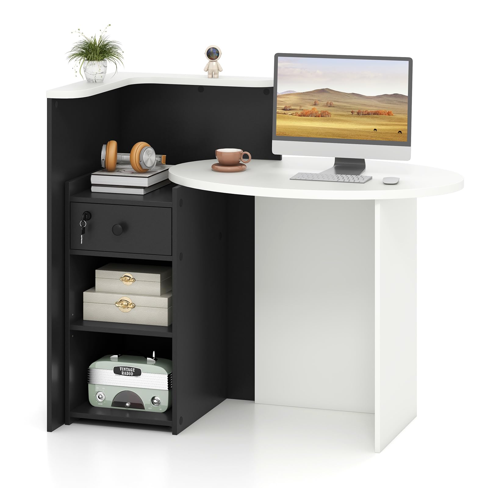 Tangkula Oval Reception Desk with Lockable Drawer & Adjustable Shelf - Front Counter Workstation for Retail, Salon, Office & Home Use - Perfect for Checkout, Computer Work & Customer Service Areas