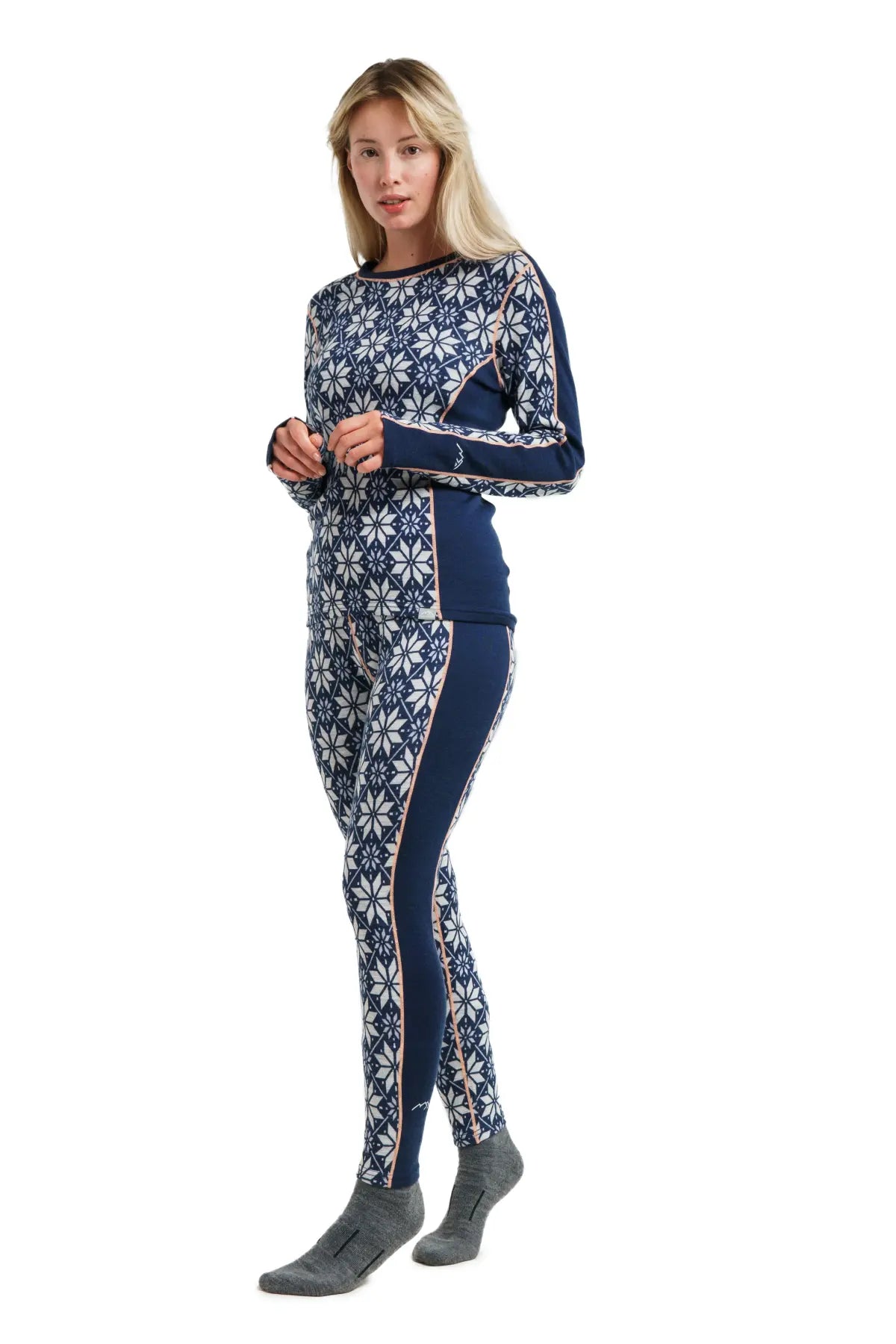 Women's Merino Wool Thermal Underwear Set 250g - Snowflake Navy Pattern - Base Layer for Winter, Skiing & Outdoor Activities