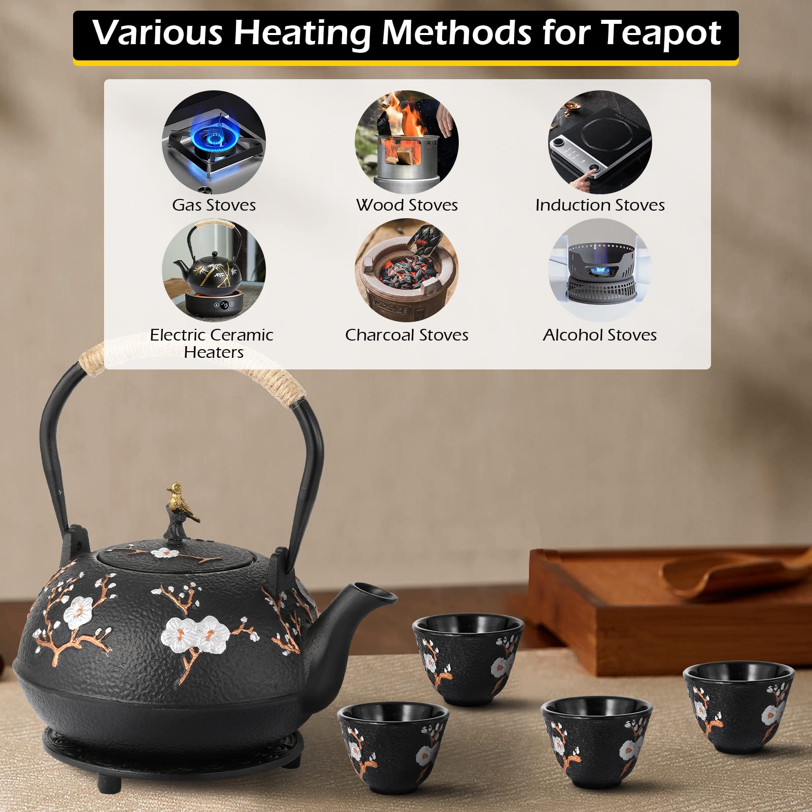Premium Japanese Cast Iron Teapot Set with Infuser - 1200ml/40.6oz Traditional Tetsubin Tea Kettle & 4 Matching Cups - Authentic Japanese Style for Green Tea, Herbal Tea & Matcha - Perfect for Home, Office & Tea Ceremonies