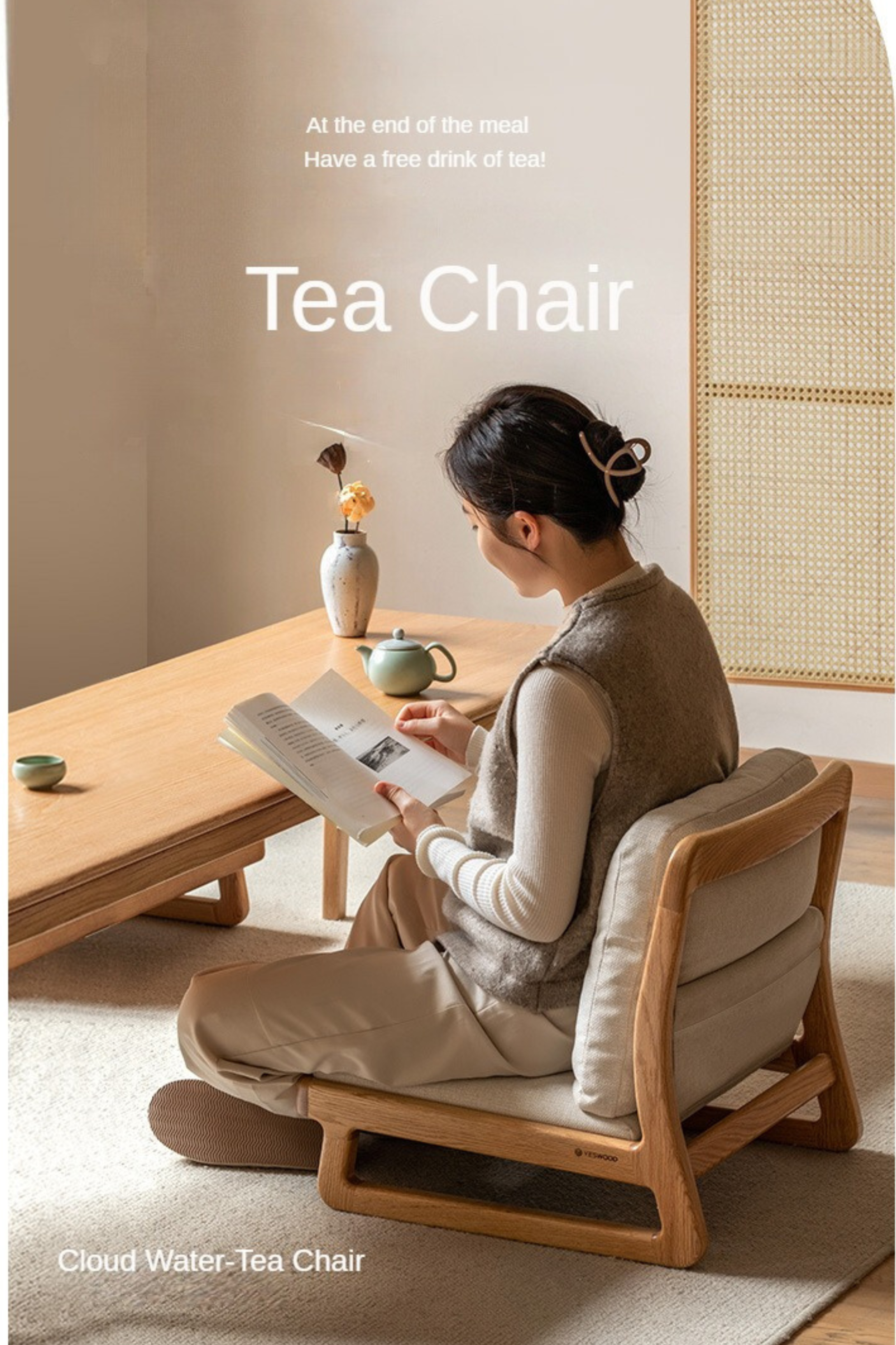 Oak Solid Wood Tatami Tea Chair Low Back - Japanese Style Floor Seating for Meditation, Tea Ceremony & Zen Decor