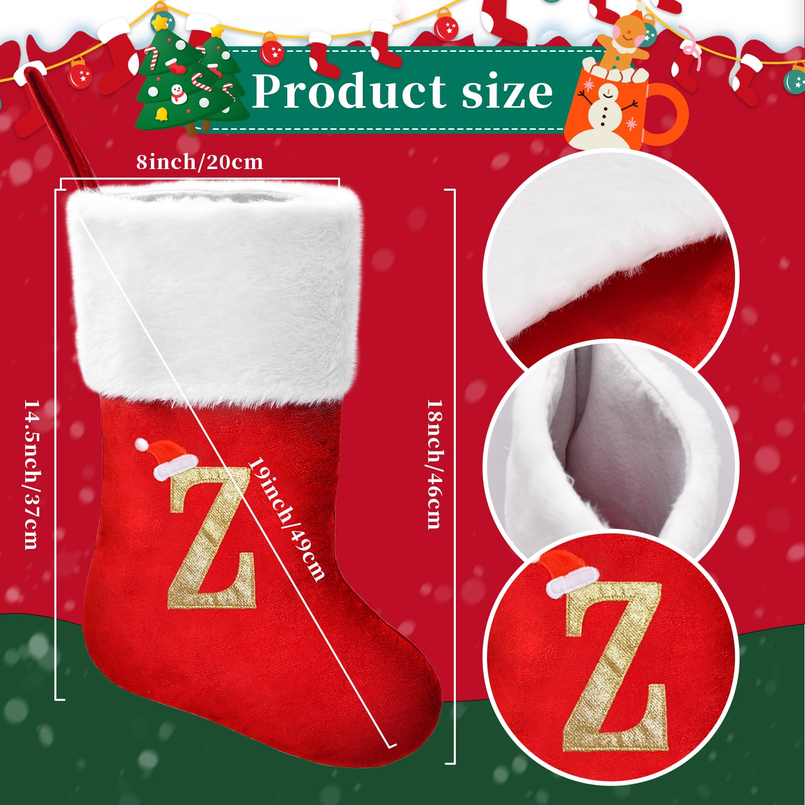 20 Inch Personalized Christmas Stockings with Monogram Letters - Large Red Velvet Stocking with Soft Plush Cuff & Embroidered Gold Initials - Holiday Decor for Fireplace, Xmas Tree, Party & Seasonal Home Decoration (L)