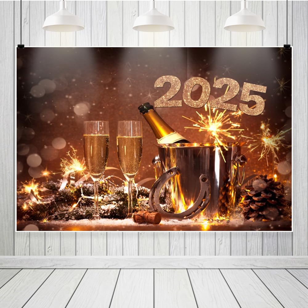 Leowefowa 9x6ft New Year's Eve 2025 Backdrop - Lucky Horseshoe & Champagne Fireworks Photo Booth Background for NYE Parties, Christmas Celebrations & Holiday Events - Perfect for Social Media, Home Decor & Festive Gatherings