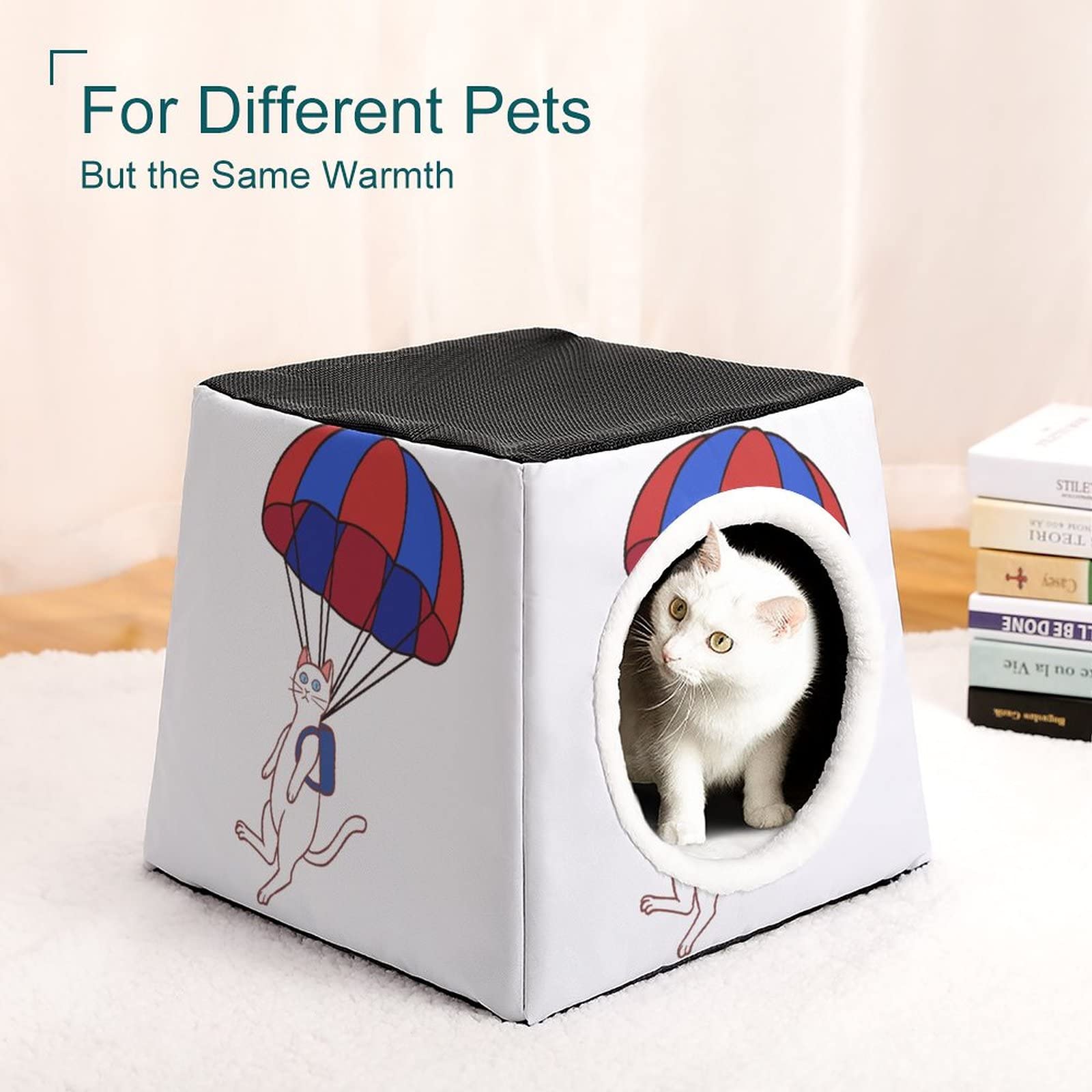 Custom Printed Cat House & Indoor Pet Habitat - Cozy Cat Cube Condo, Sofa Cave Bed for Kittens - Perfect for Small Spaces & Home Decor (White)