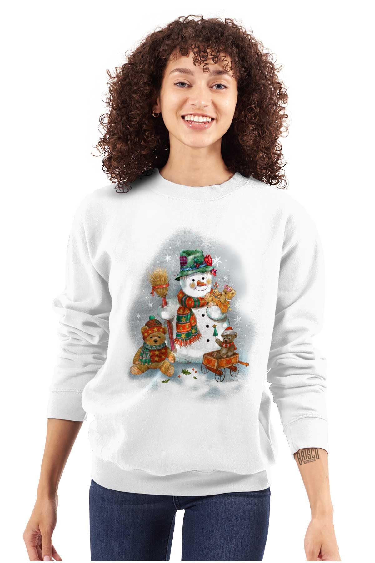 Christmas Snowman & Teddy Bear Women's Crewneck Sweatshirt - Cozy Holiday Sweater for Winter Parties, Gift Exchange & Family Gatherings