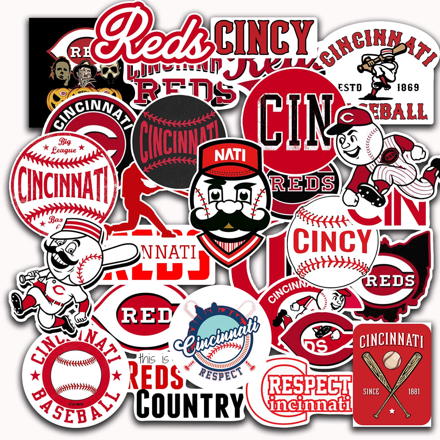 28 PCS Cincinnati Reds Baseball Team Fanart Stickers - Waterproof Vinyl Decals for Water Bottles, Laptops, Skateboards, Cars & Bikes (2-2.5 Inch) - Perfect for Sports Fans, DIY Decor & Gift Giving