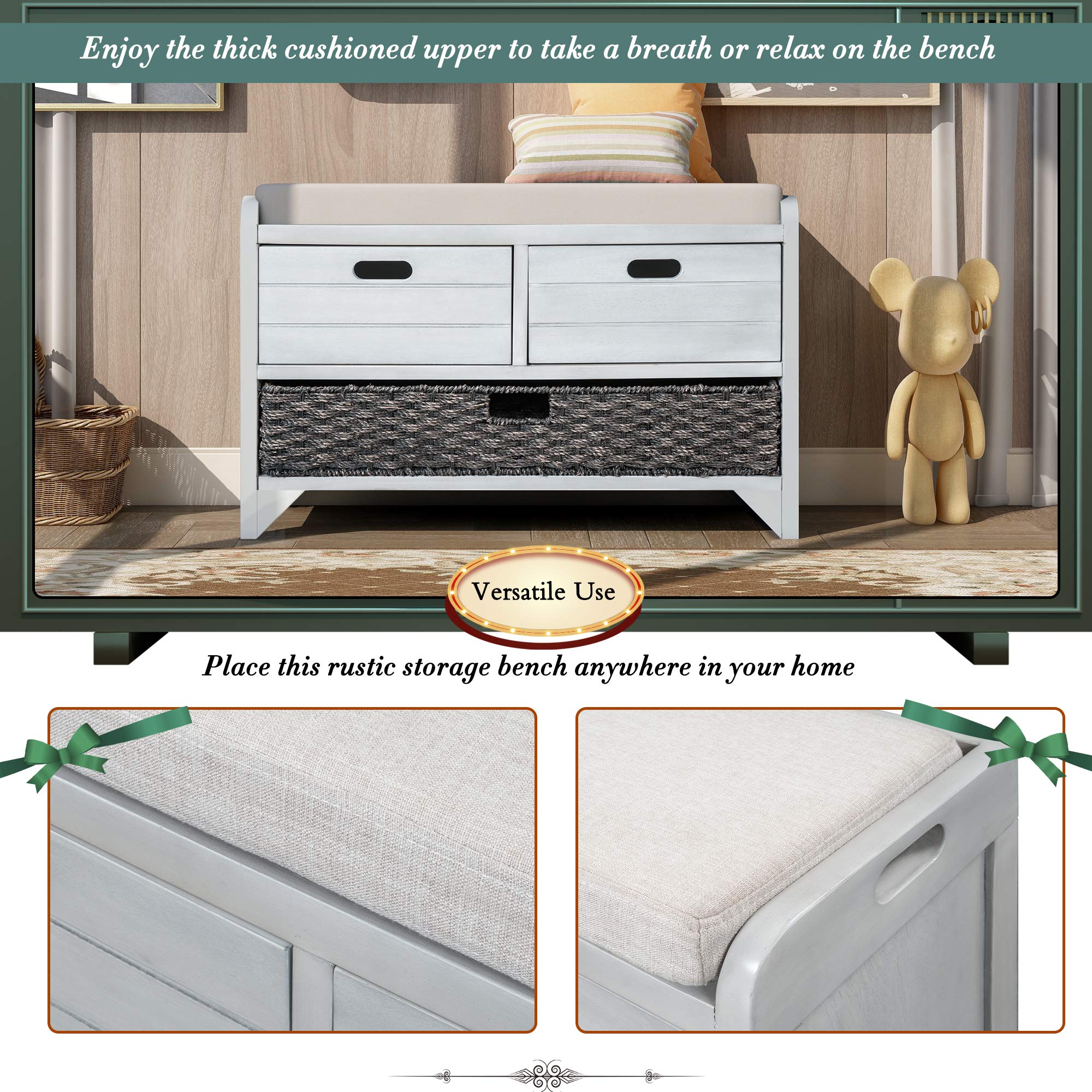 Wooden Storage Bench with 2 Drawers & Wicker Basket - Fully Assembled Entryway Bench with Removable Cushion - Hallway Shoe Bench for Living Room, Bedroom & Entryway Organization (Light Grey)