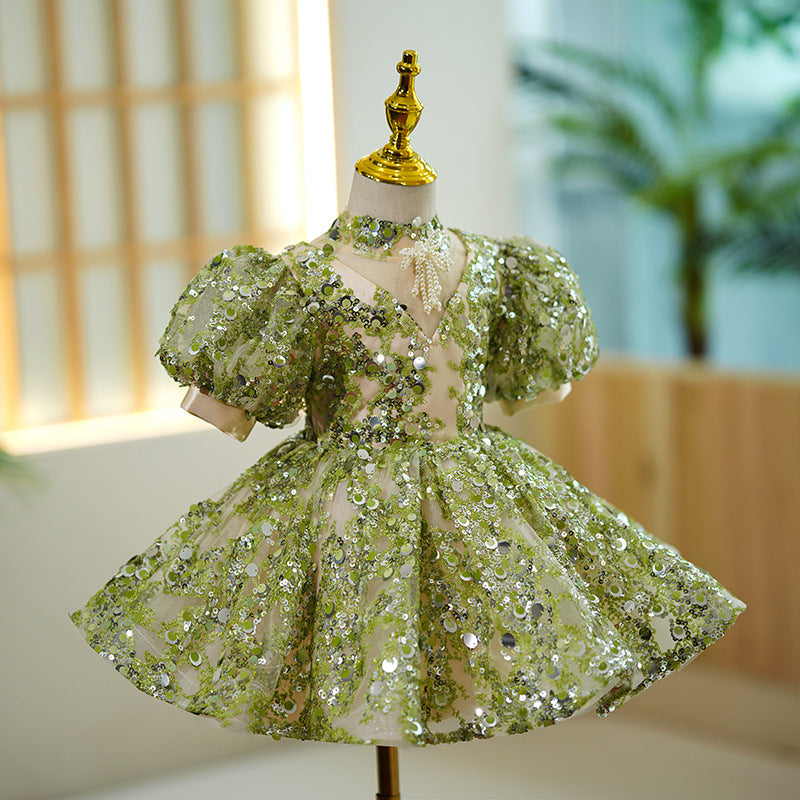 Baby Girl Summer Green Puff Sleeve Sequin Birthday Party Princess Dress - Toddler Formal Gown for Special Occasions, Photo Shoots & Holiday Celebrations